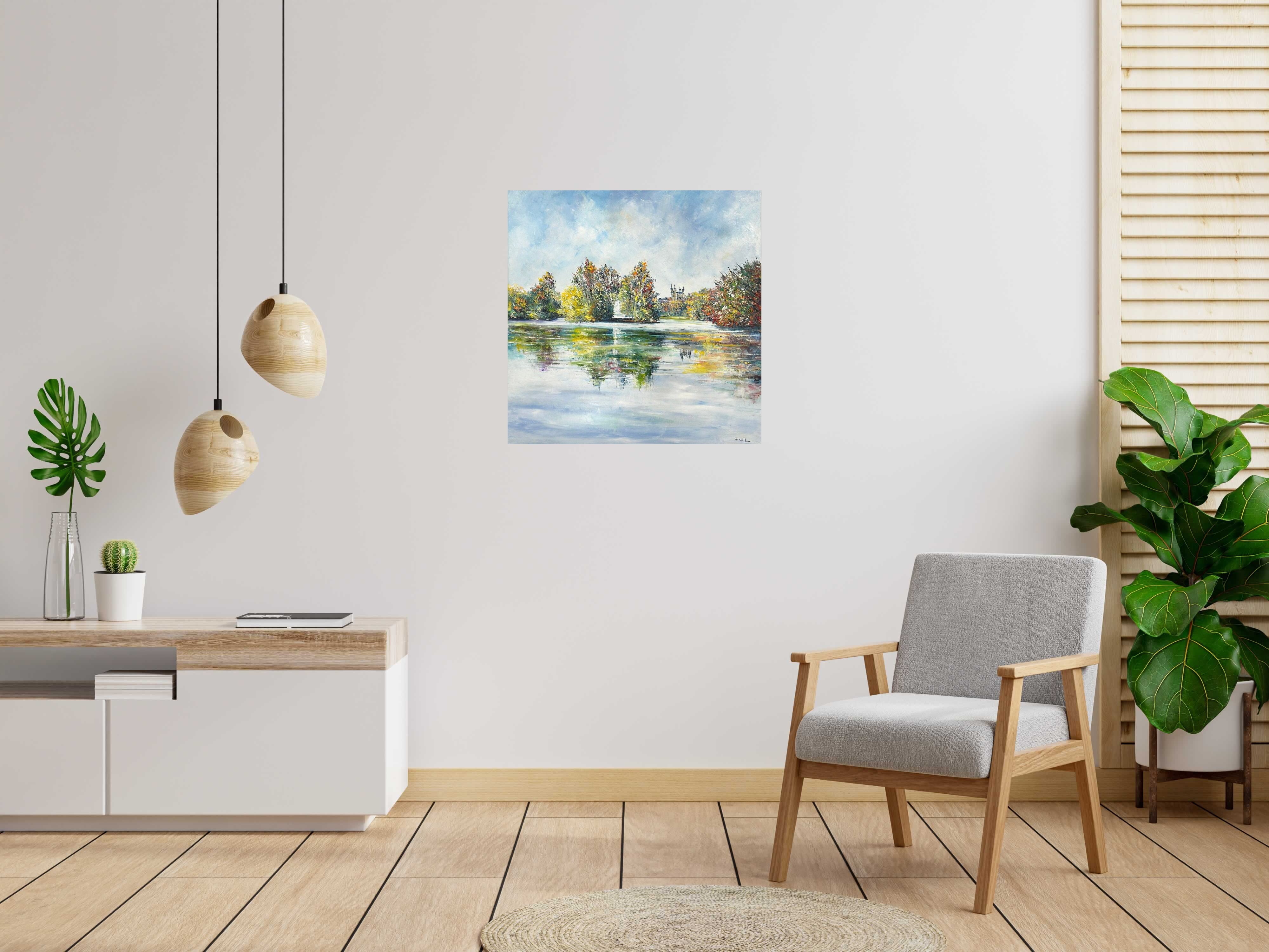 Peinture Île du souvenir, Lyon de PHIL dans un intérieur – 80 × 80 cm
