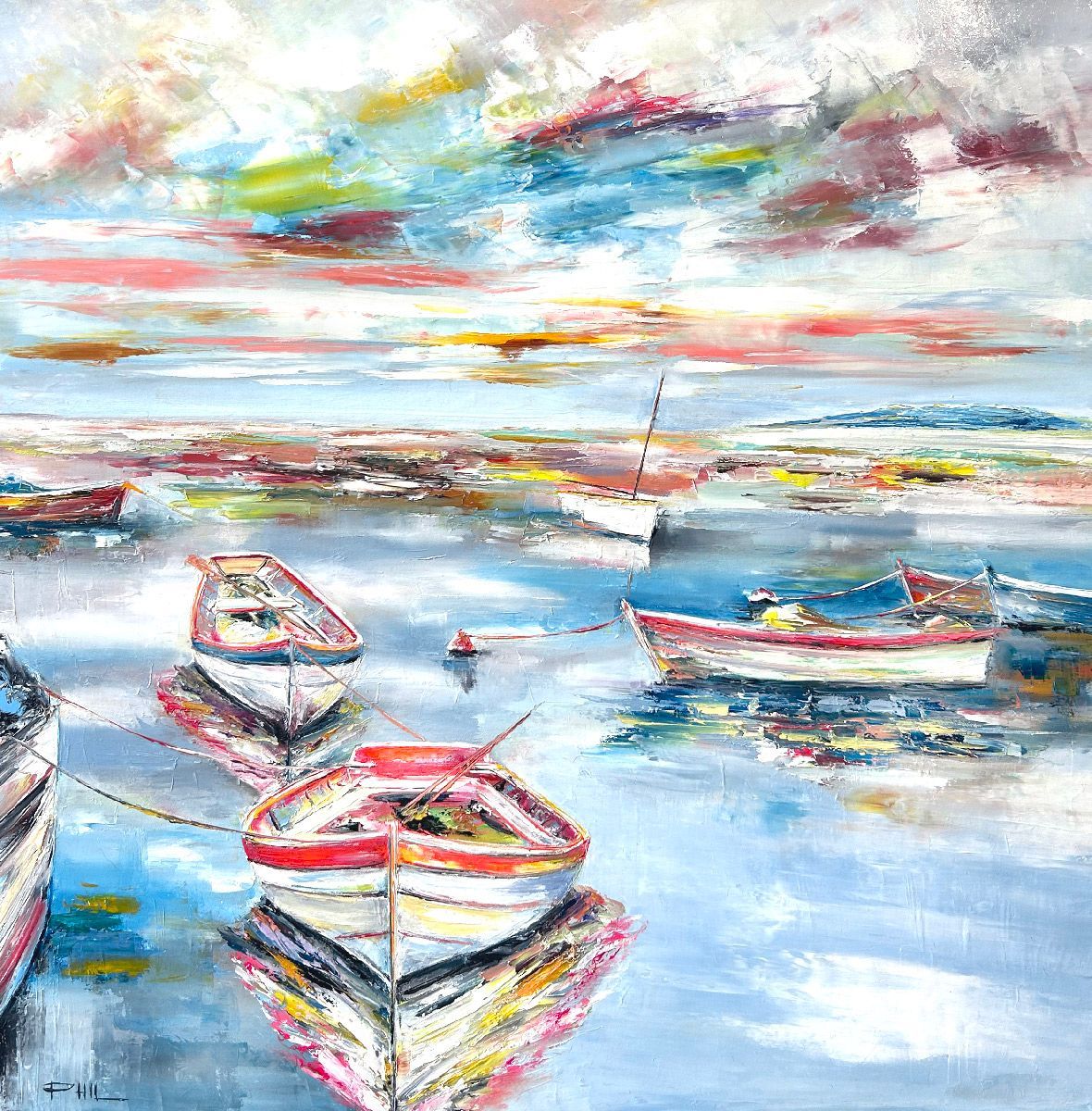 Peinture figurative grande taille Les barques – PHIL – 80 × 80 cm