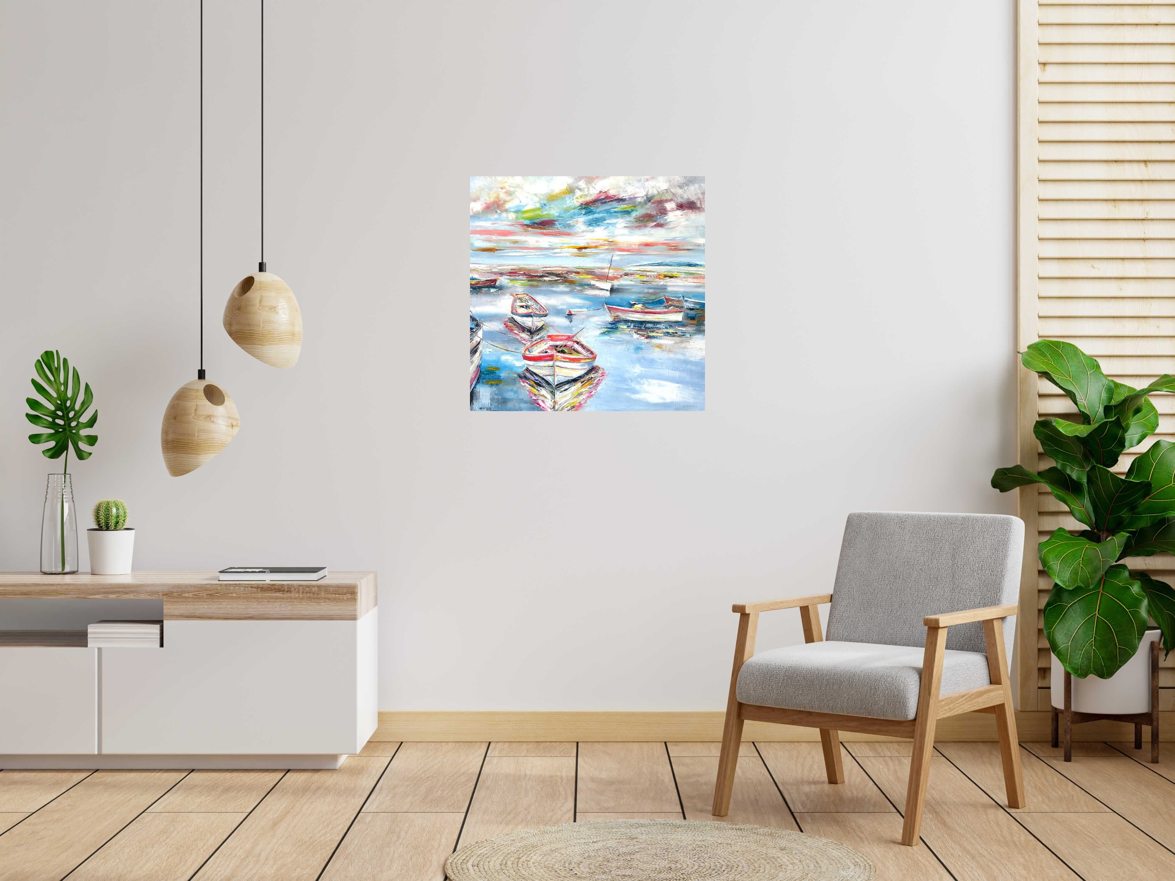 Peinture Les barques de PHIL dans un intérieur – 80 × 80 cm