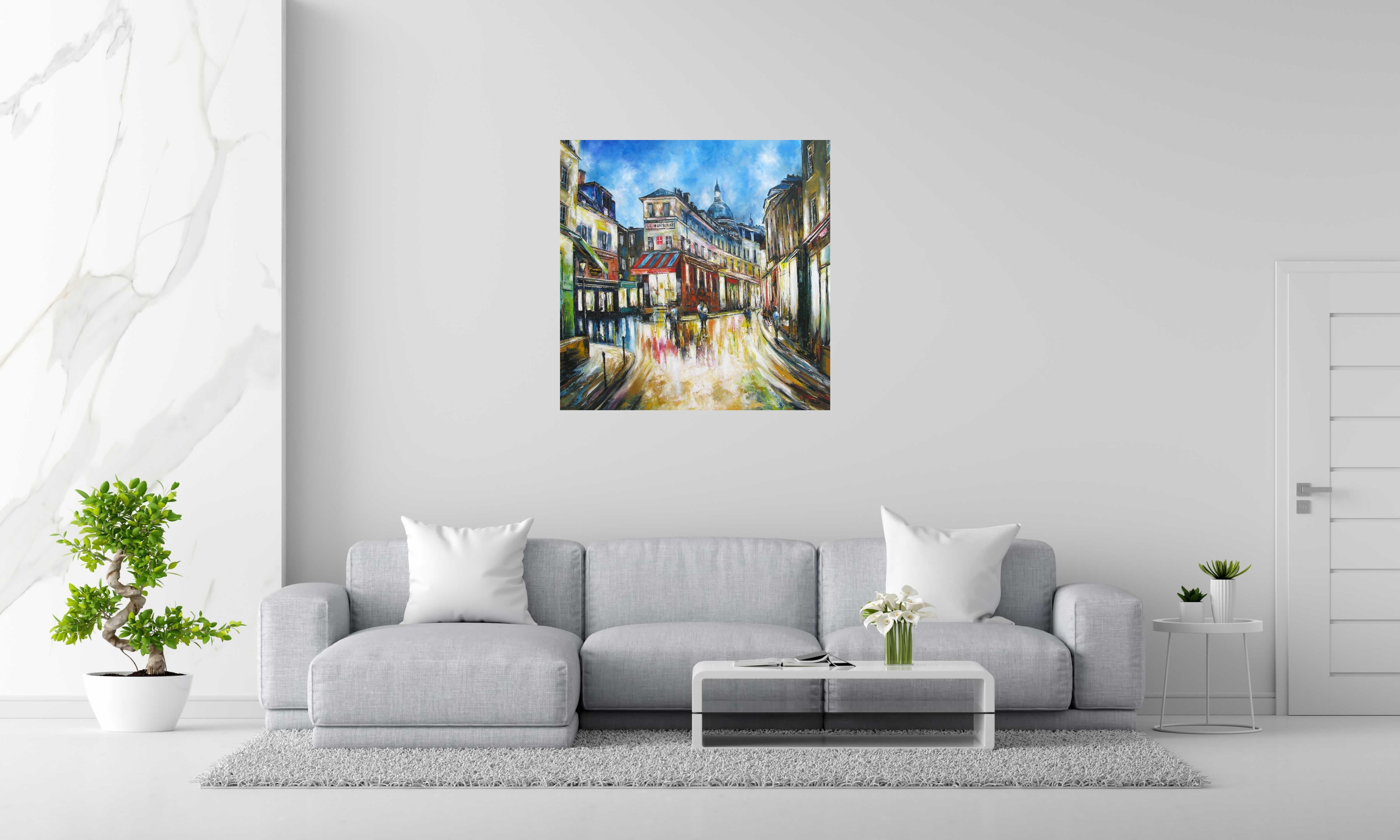 Peinture Rue Norvins, Montmartre, Paris de PHIL dans un intérieur – 100 × 100 cm