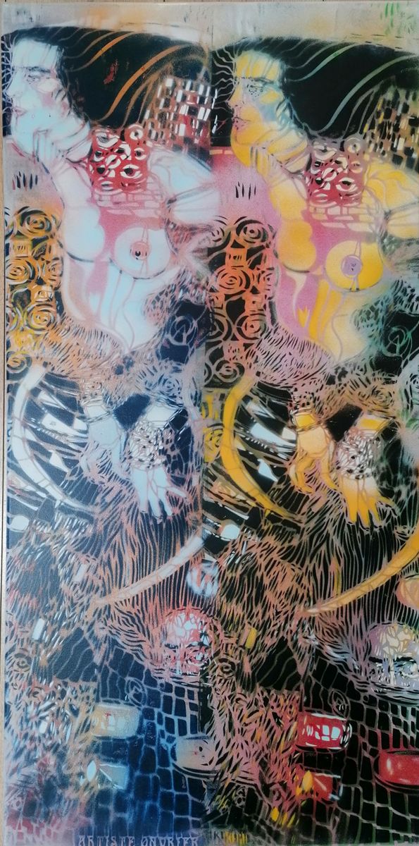 Peinture figurative moyen format KLIMT WARHOL – ARTISTE OUVRIER – 50 × 100 cm