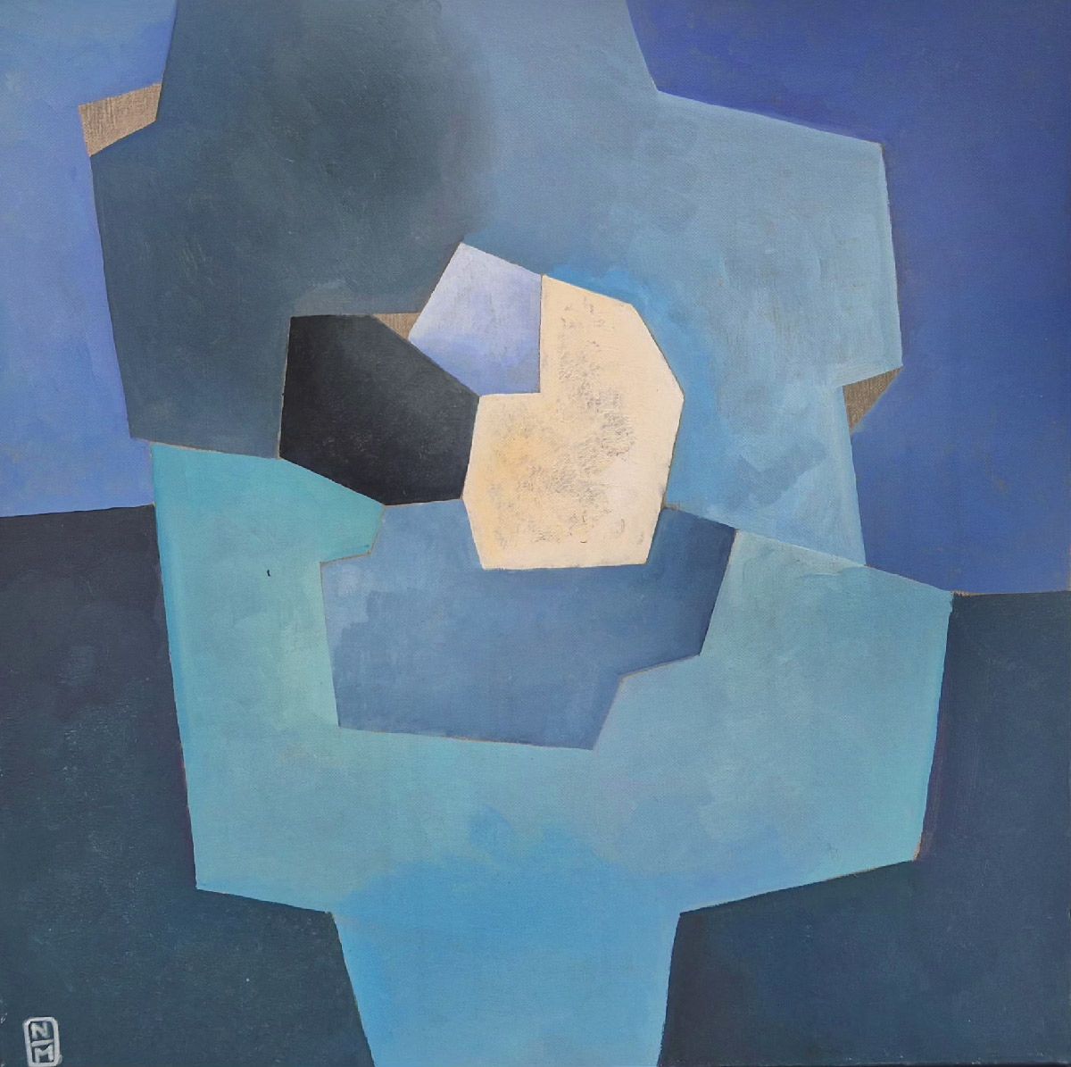 Peinture figurative moyen format bleu Domino – N MAFFRE – 50 × 50 cm