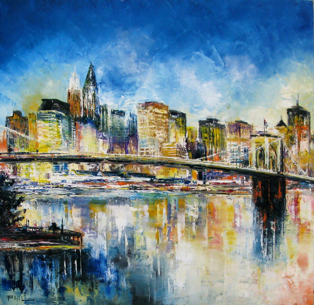 Peinture figurative moyen format bleu Brooklyn Bridge NY – PHIL – 70 × 70 cm