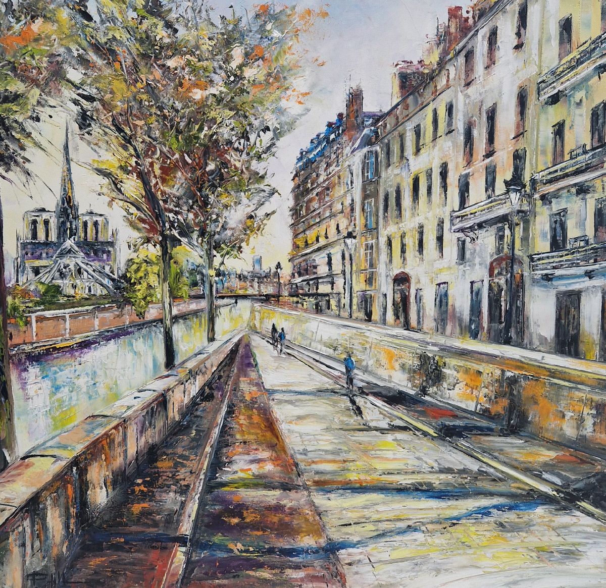 Peinture figurative moyen format bleu Sur les berges  de Paris – PHIL – 60 × 60 cm
