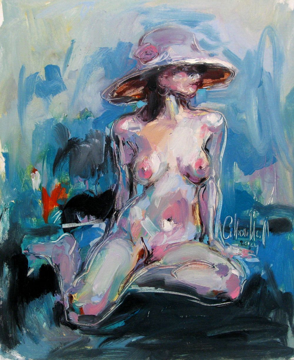 Peinture figurative moyen format bleu et rose La plage 11 – OLENA SINIUHINA – 50 × 60 cm