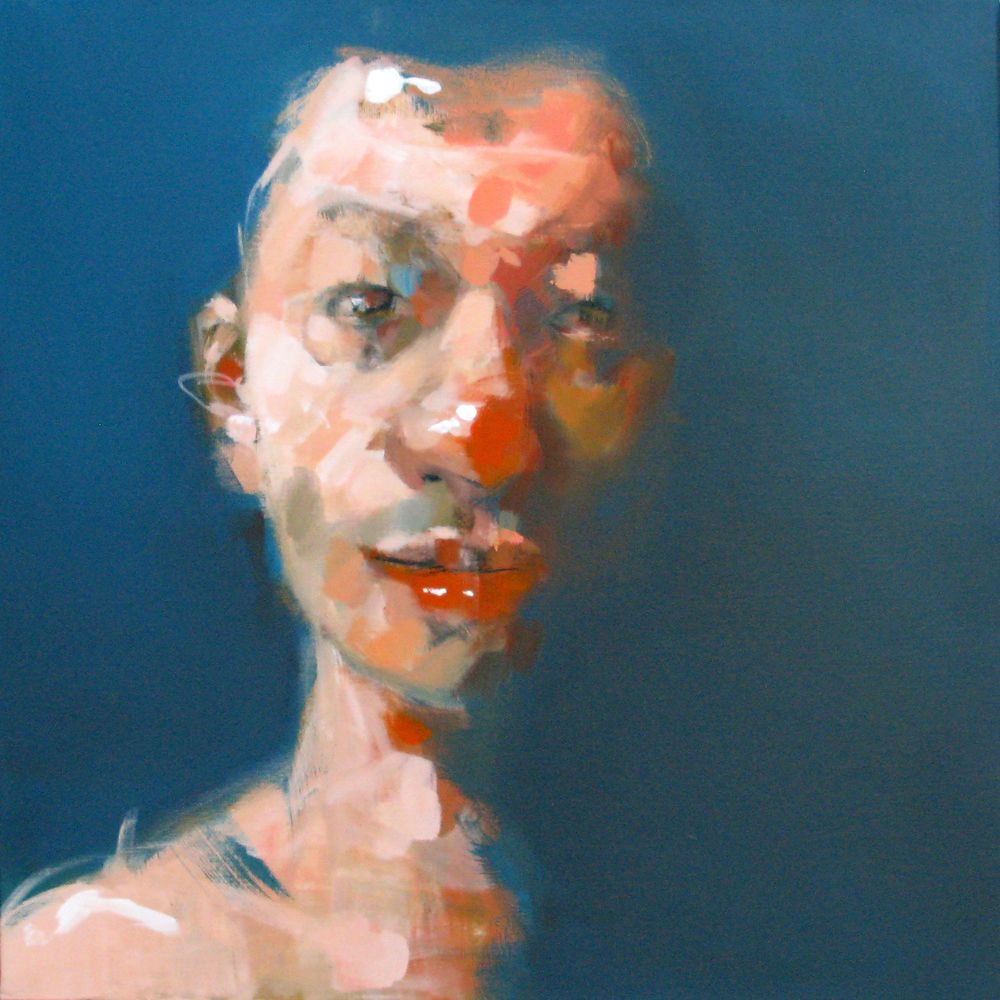 Peinture figurative moyen format bleu et rouge Someone else clown – OLIVIER MASSEBEUF – 60 × 60 cm