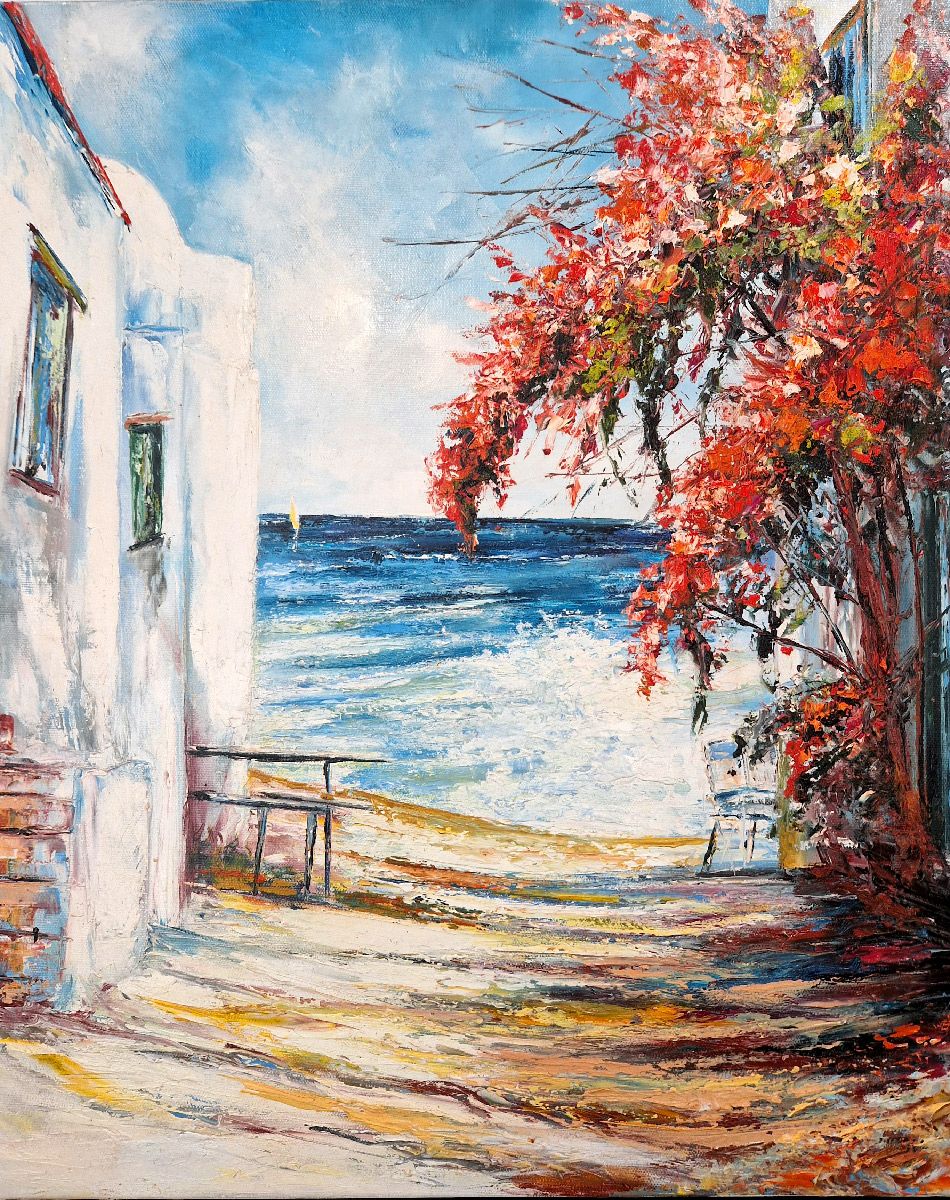 Peinture figurative moyen format bleu et rouge Le Bougainvillier – PHIL – 50 × 61 cm