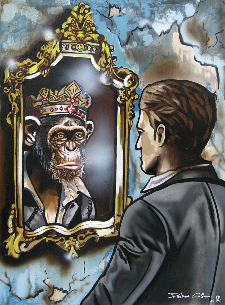 Peinture figurative moyen format Le roi des primates – Docteur Cobain – 65 × 92 cm