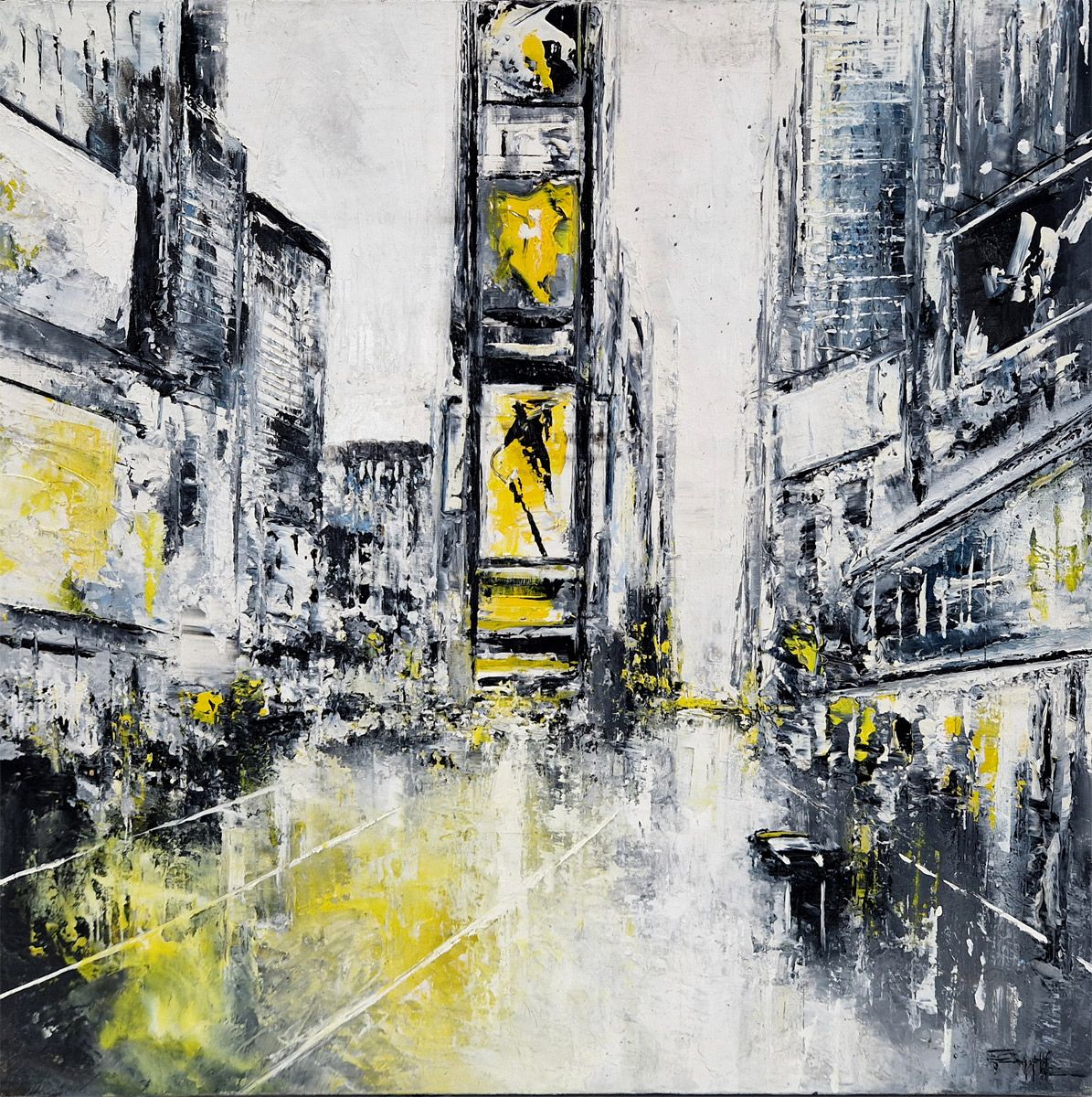 Peinture figurative moyen format gris Beautiful Times Square – PHIL – 50 × 50 cm