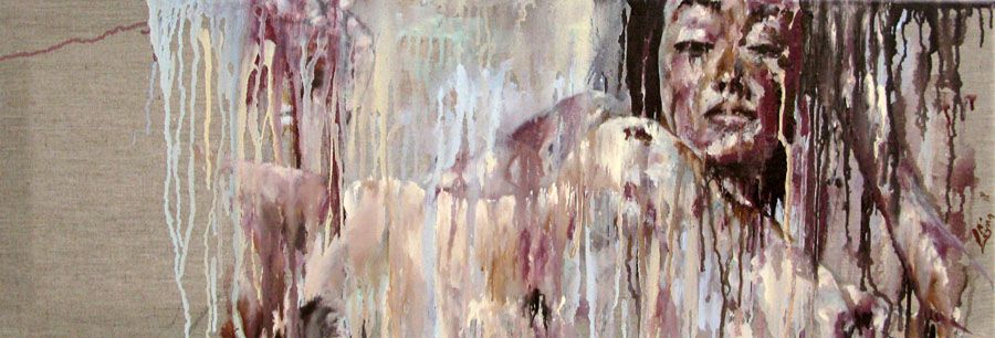 Peinture figurative moyen format marron ETONNEMENT – DAMIEN LEGRAIN – 90 × 30 cm