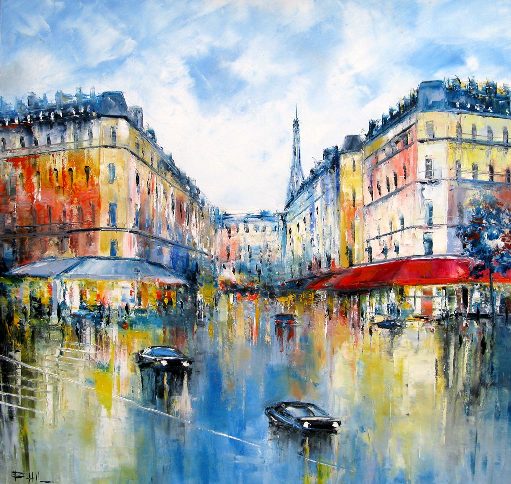 Peinture figurative moyen format mauve Les grands boulevards – PHIL – 60 × 60 cm