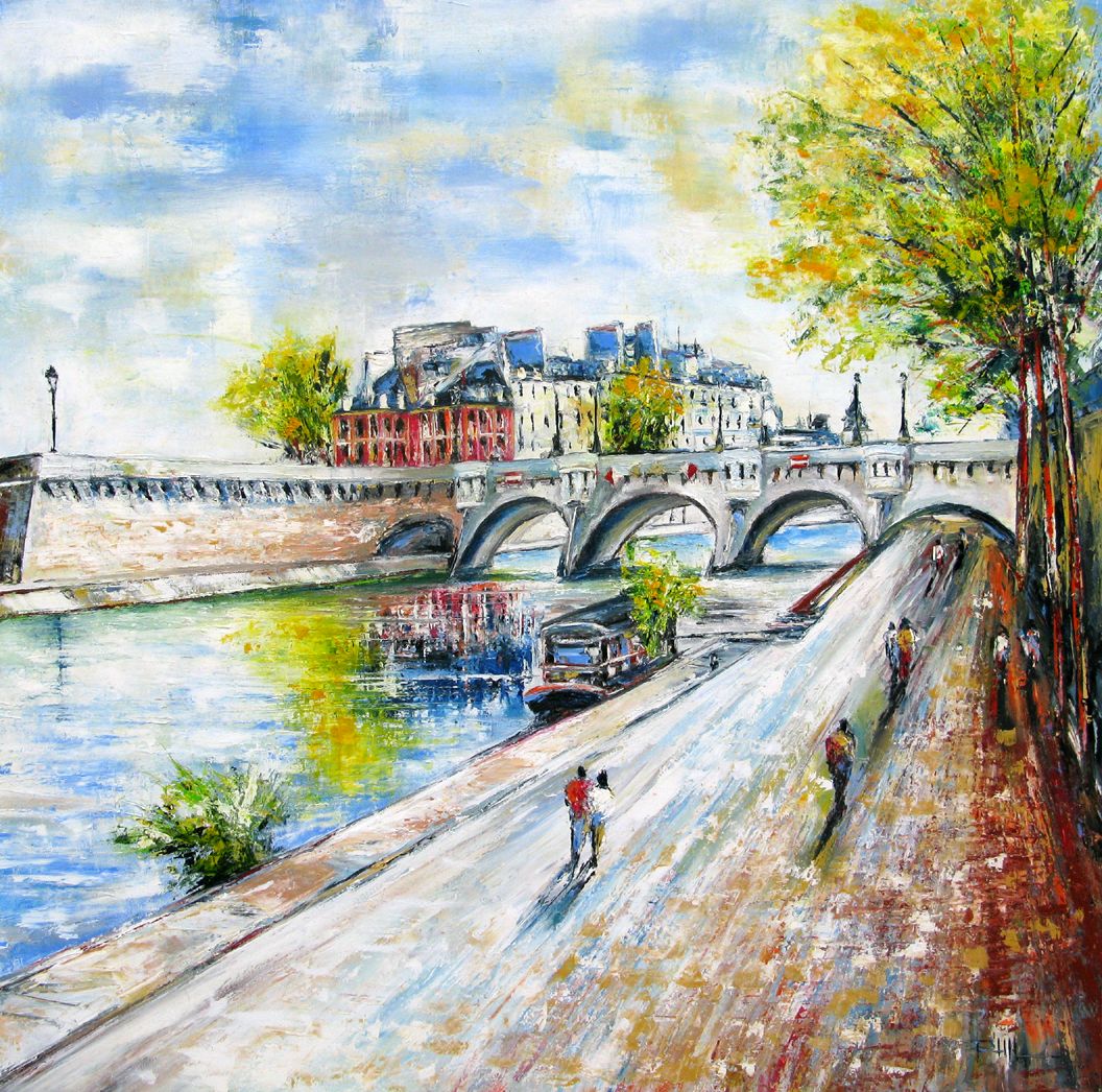 Peinture figurative moyen format mauve Pont neuf - Paris – PHIL – 70 × 70 cm