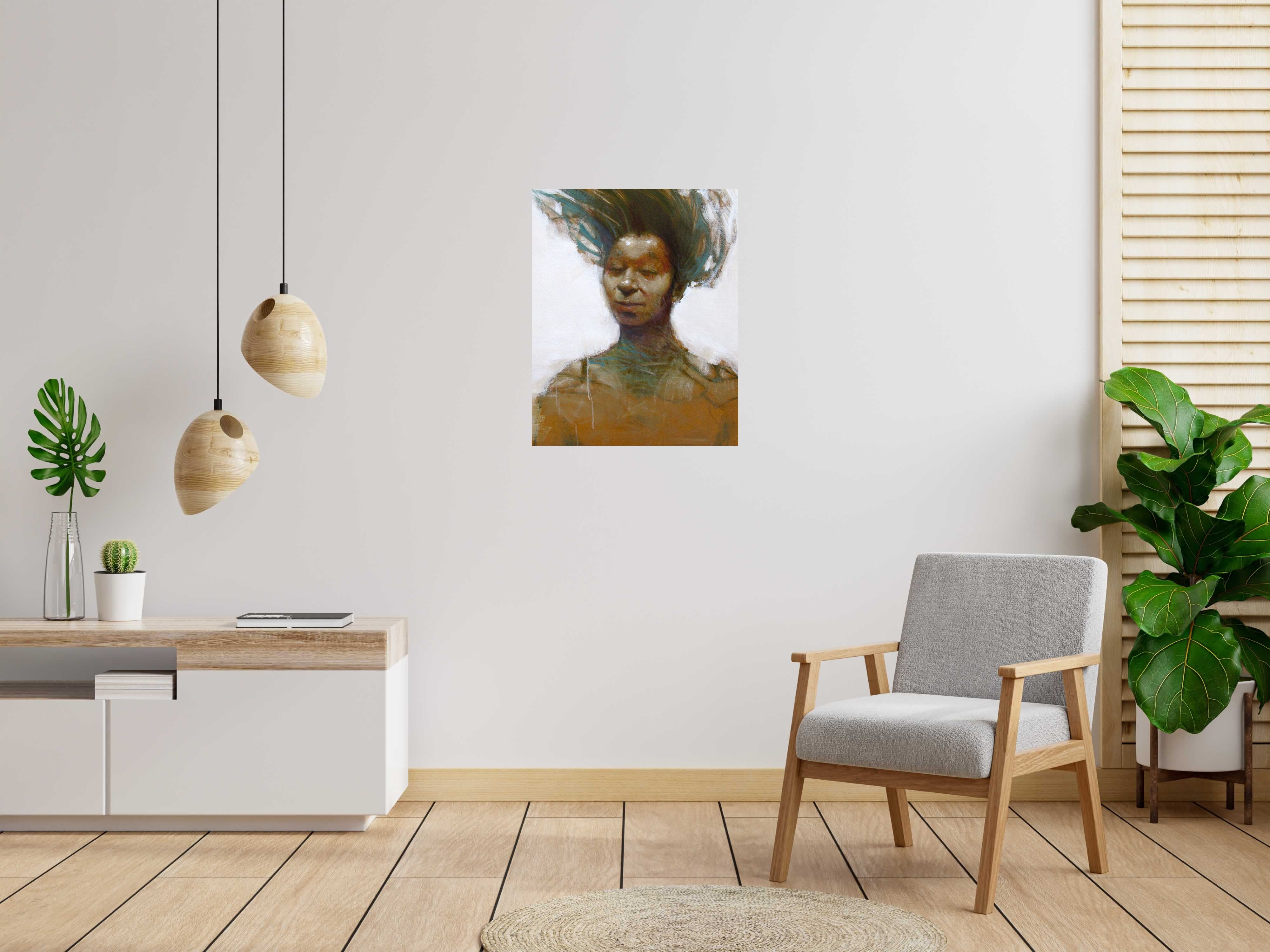 Peinture Cheer up Cassandra de OLIVIER MASSEBEUF dans un intérieur – 65 × 81 cm