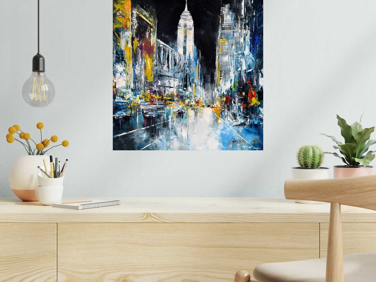 Peinture Empire, NY Night de PHIL dans un intérieur – 50 × 50 cm