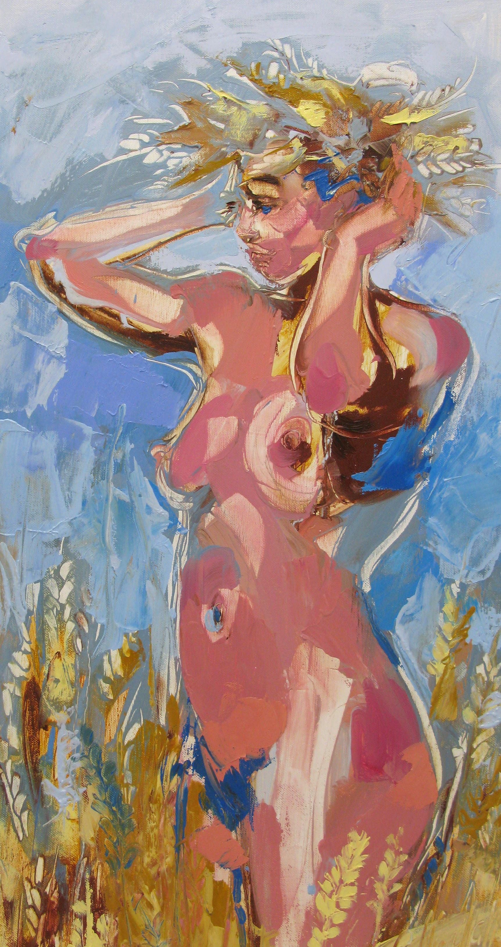 Peinture figurative moyen format rose Femme ukrainienne – OLENA SINIUHINA – 35 × 70 cm