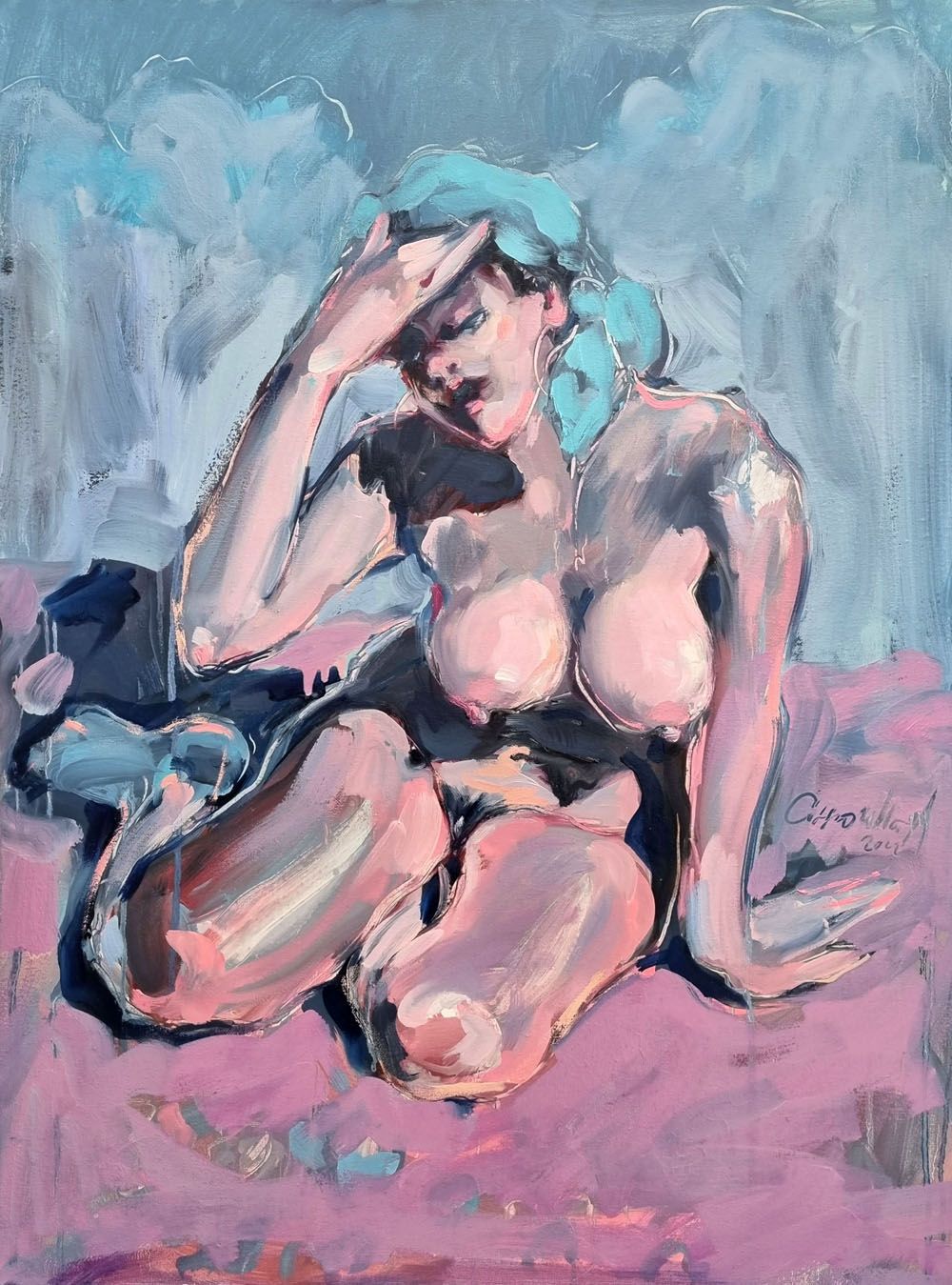 Peinture figurative moyen format rose POLINA – OLENA SINIUHINA – 80 × 60 cm
