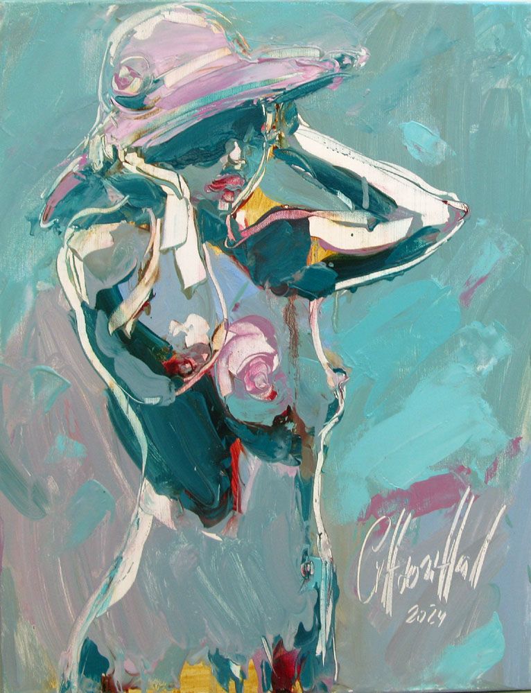 Peinture figurative moyen format vert Un petit chapeau – OLENA SINIUHINA – 45 × 60 cm