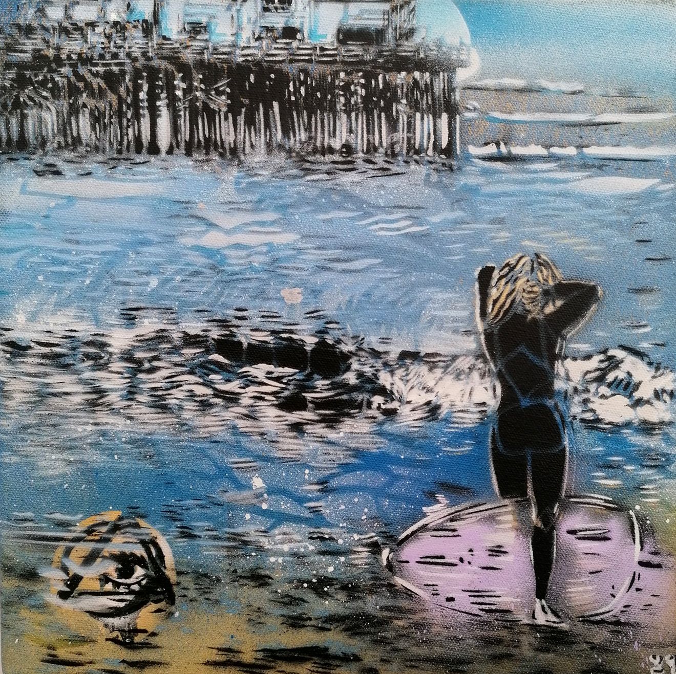 Peinture figurative petit format MALIBU – ARTISTE OUVRIER – 30 × 30 cm
