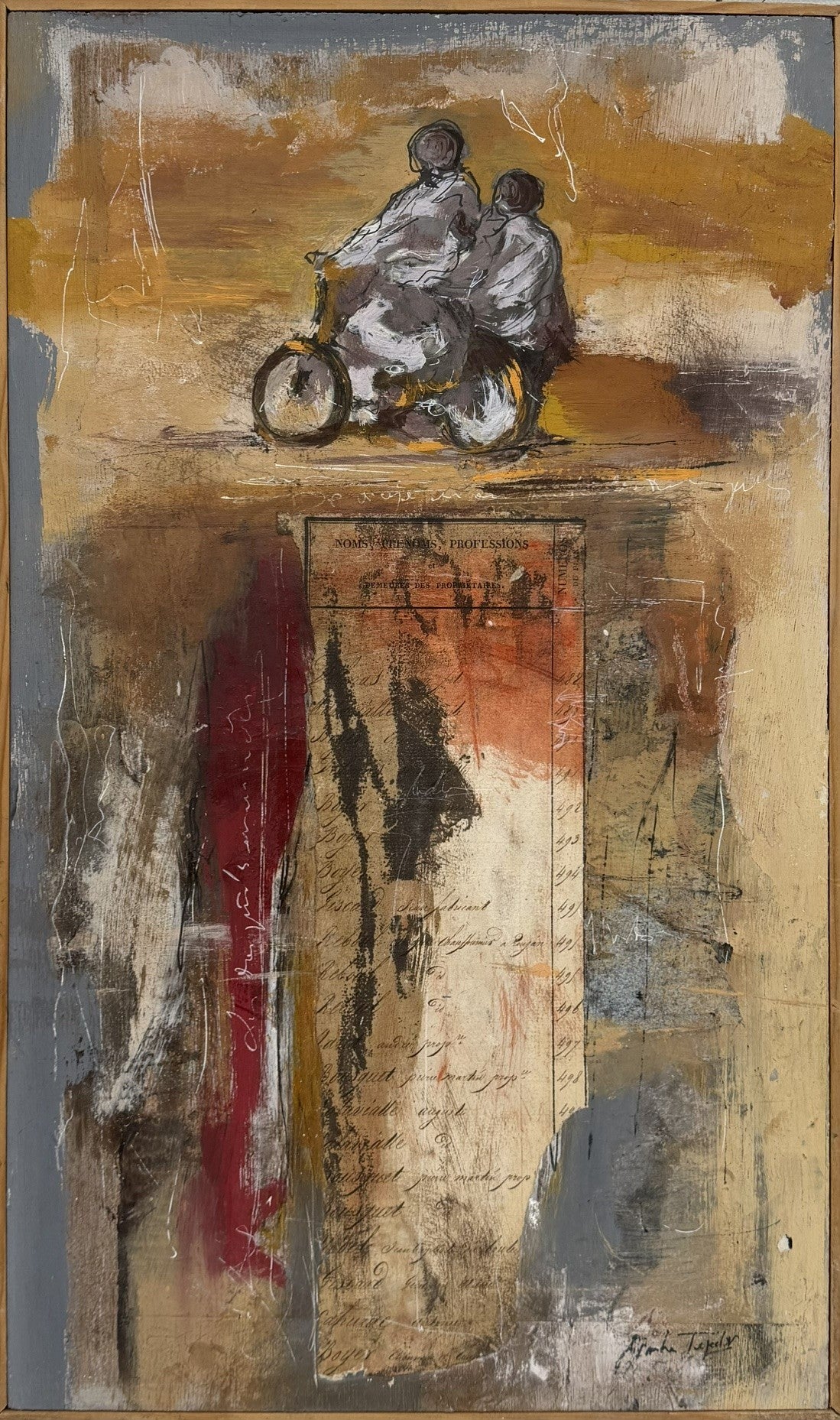 Peinture acrylique et collage sur toile, petit format beige et ocre, signée Arancha Tejedor