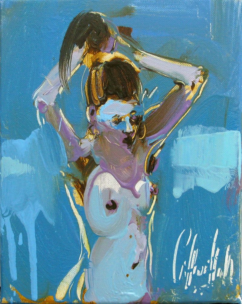 Peinture figurative petit format bleu Leona 3 – OLENA SINIUHINA – 19 × 24 cm