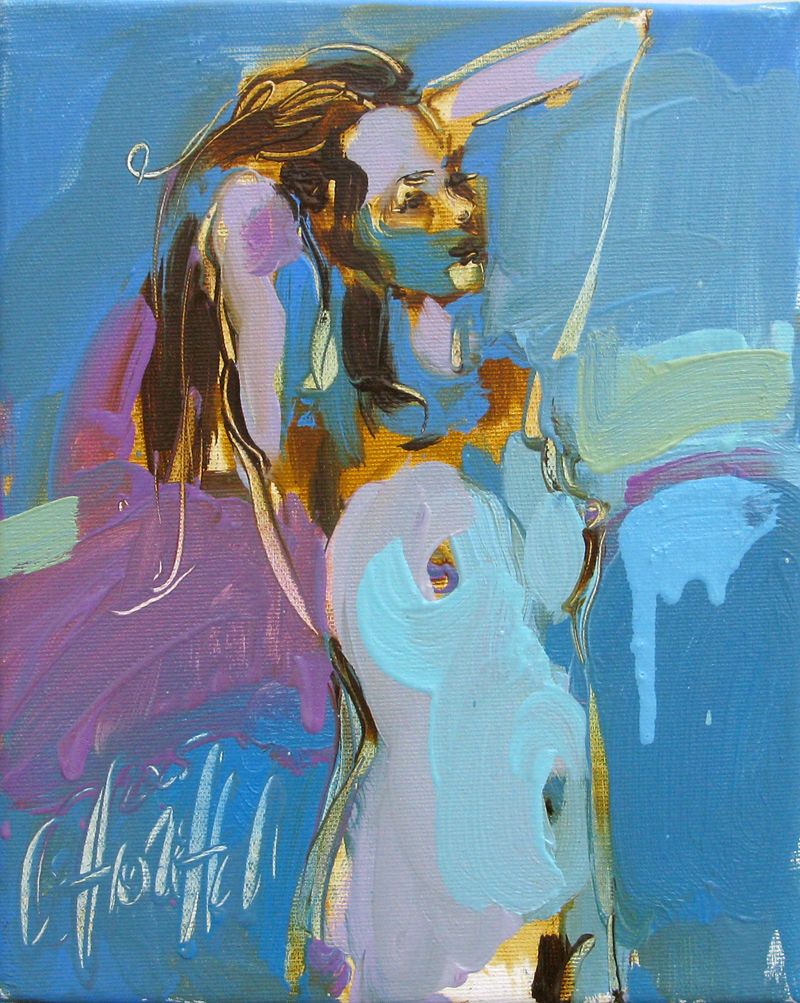Peinture figurative petit format bleu et rose Leona 2 – OLENA SINIUHINA – 24 × 30 cm