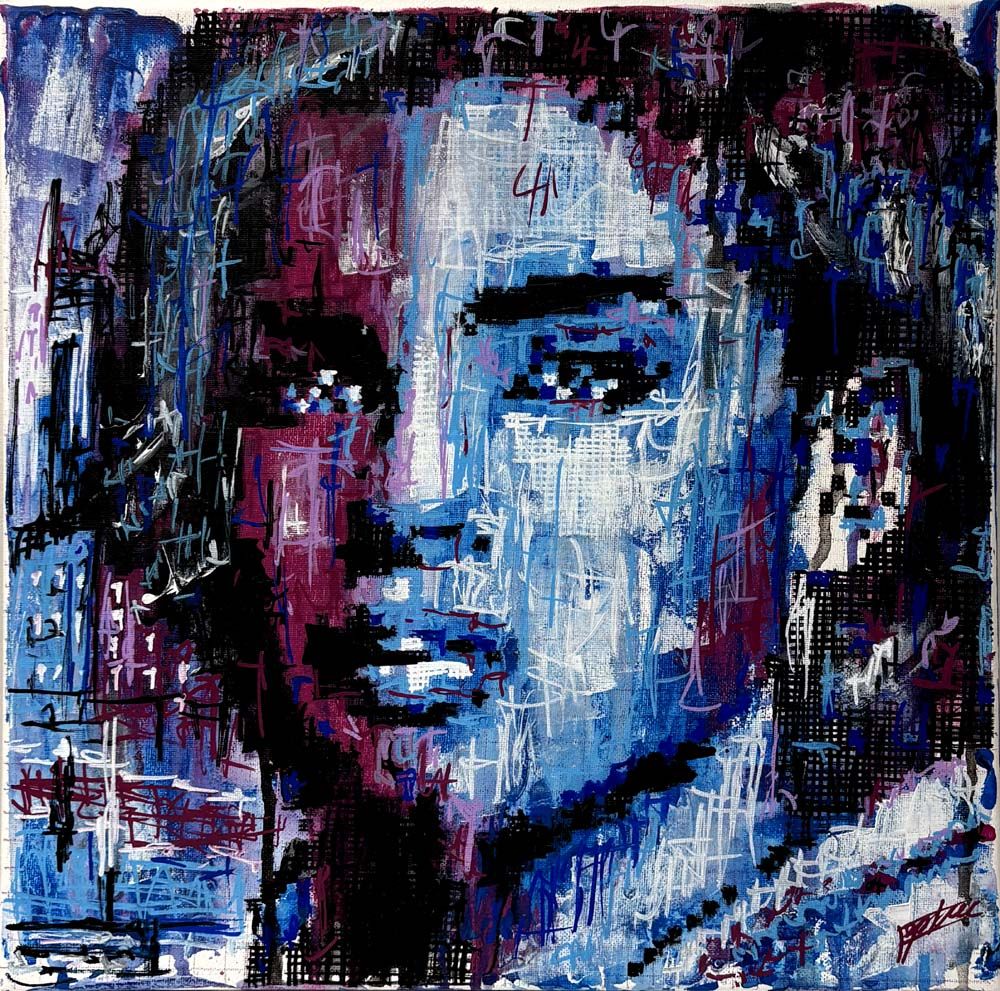 Peinture figurative petit format bleu et violet Série réappropriation humaine : vie urbaine #1 – NICOLAS JESBAC – 40 × 40 cm