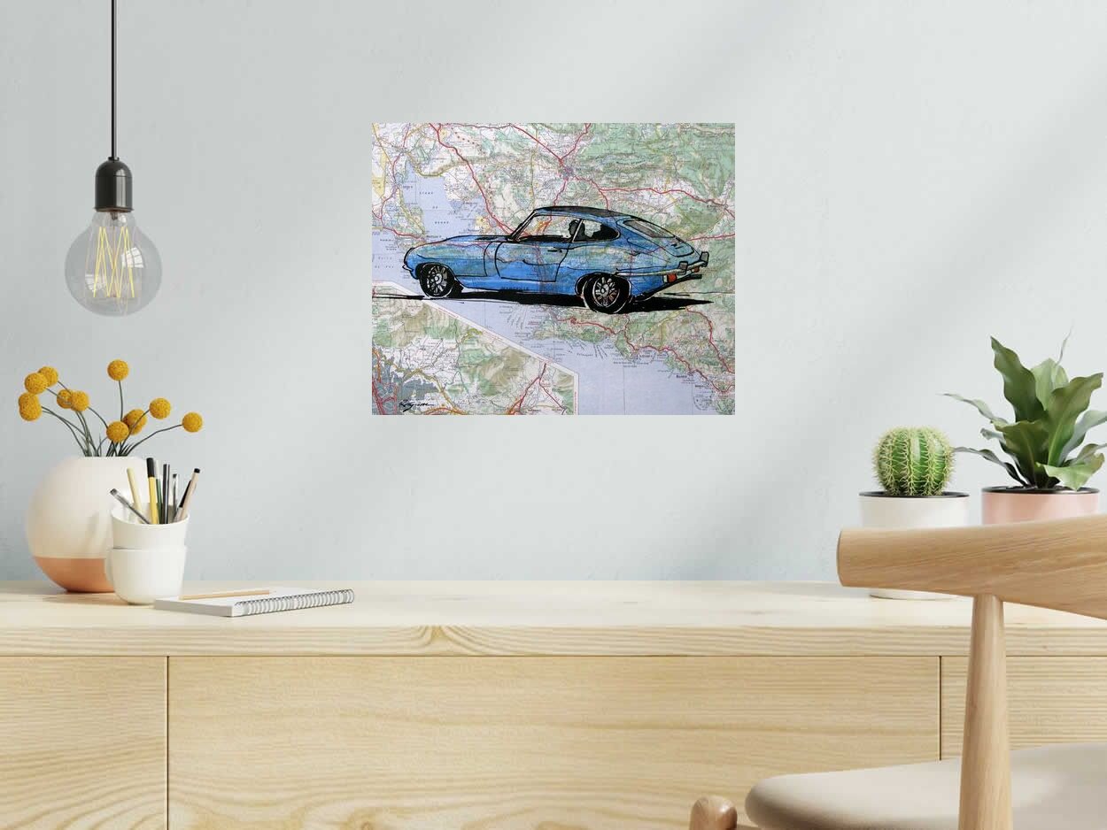 Peinture JAGUAR TYPE E de CYRIL REGUERRE dans un intérieur – 41 × 33 cm