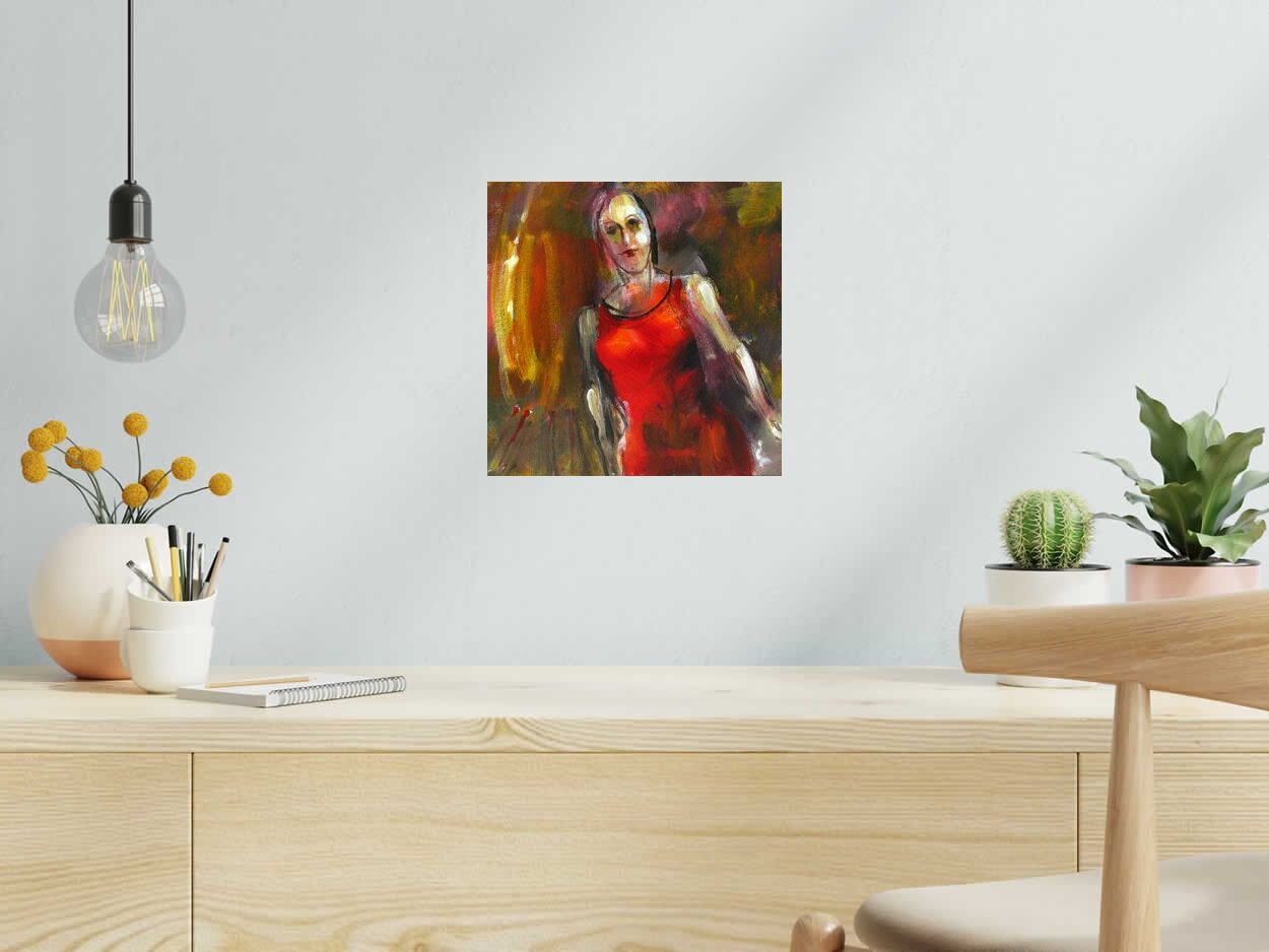 Peinture La robe rouge de IVAN TZONEV dans un intérieur – 29 × 29 cm