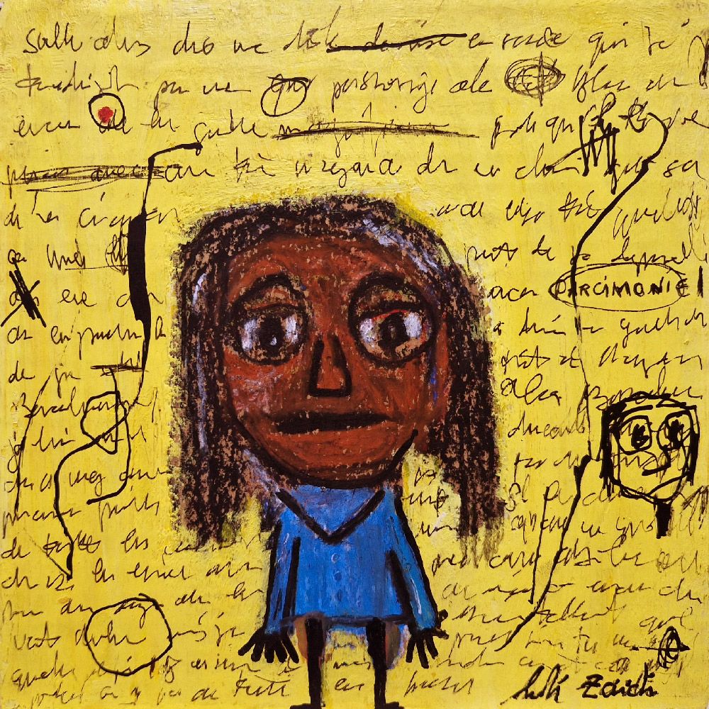 Peinture figurative petit format jaune et rouge PARCIMONIE I – LARBI ZAIDI – 81 × 19 cm