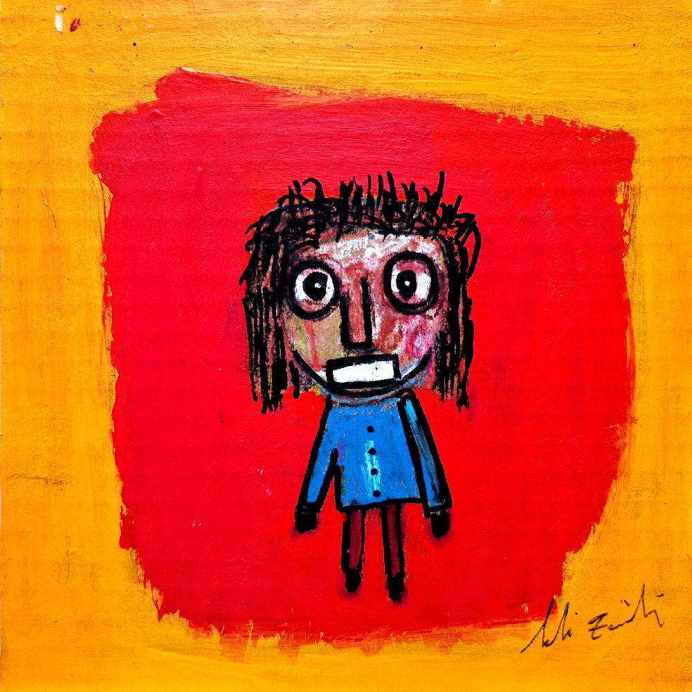 Peinture figurative petit format jaune et rouge UNTITLED I – LARBI ZAIDI – 81 × 19 cm