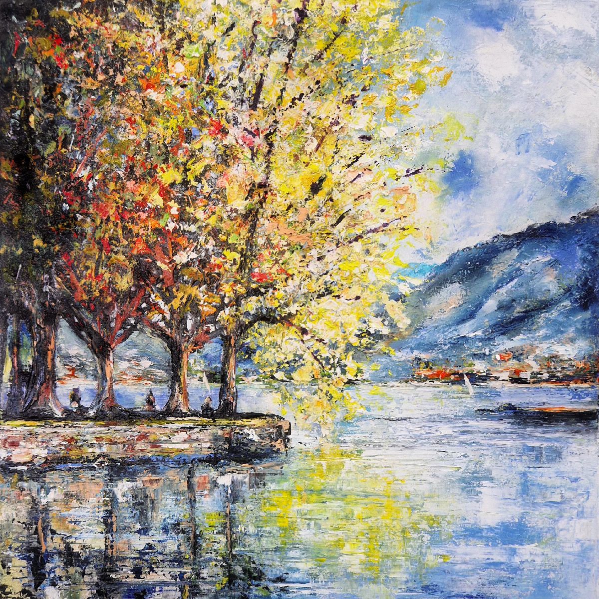Peinture figurative petit format jaune et vert Rives du lac d'Annecy – PHIL – 40 × 40 cm