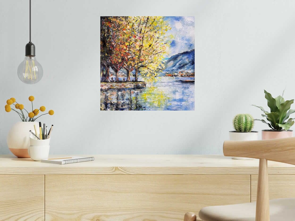 Peinture Rives du lac d'Annecy de PHIL dans un intérieur – 40 × 40 cm
