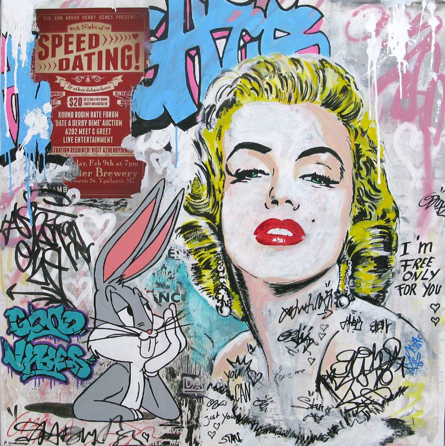 Peinture graffiti grande taille Speed dating – PATRICIA GADISSEUR – 100 × 100 cm