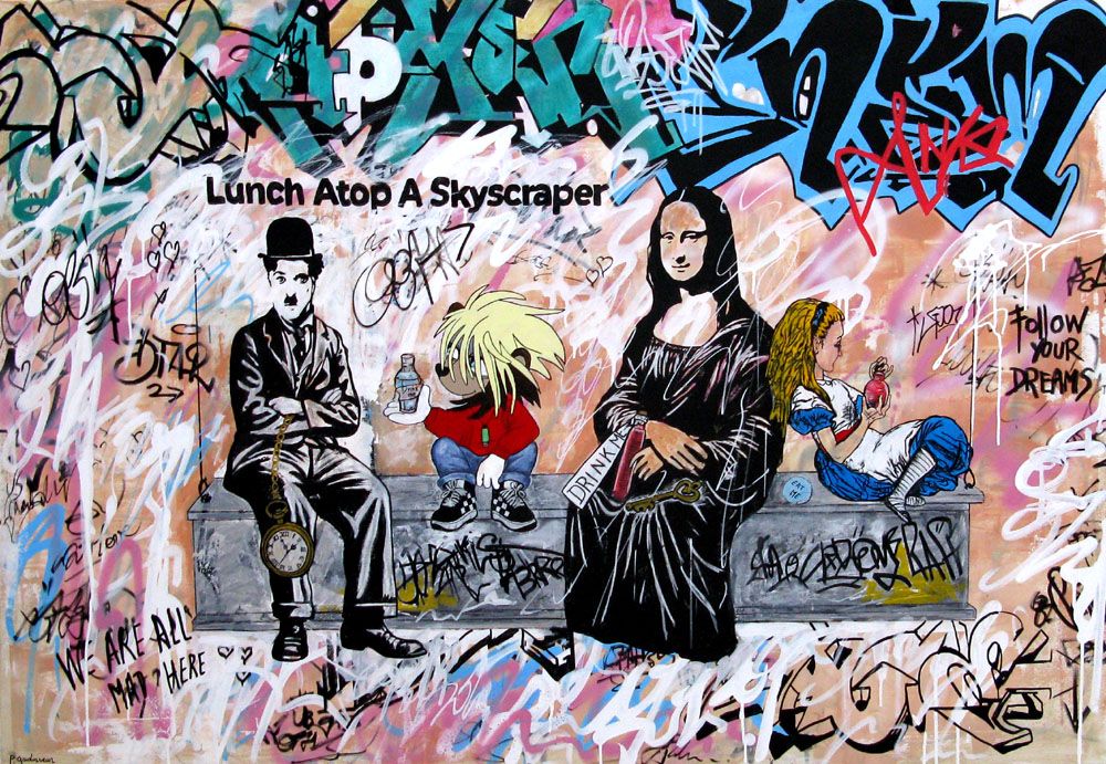 Peinture graffiti très grand format We are all mad here – PATRICIA GADISSEUR – 150 × 100 cm