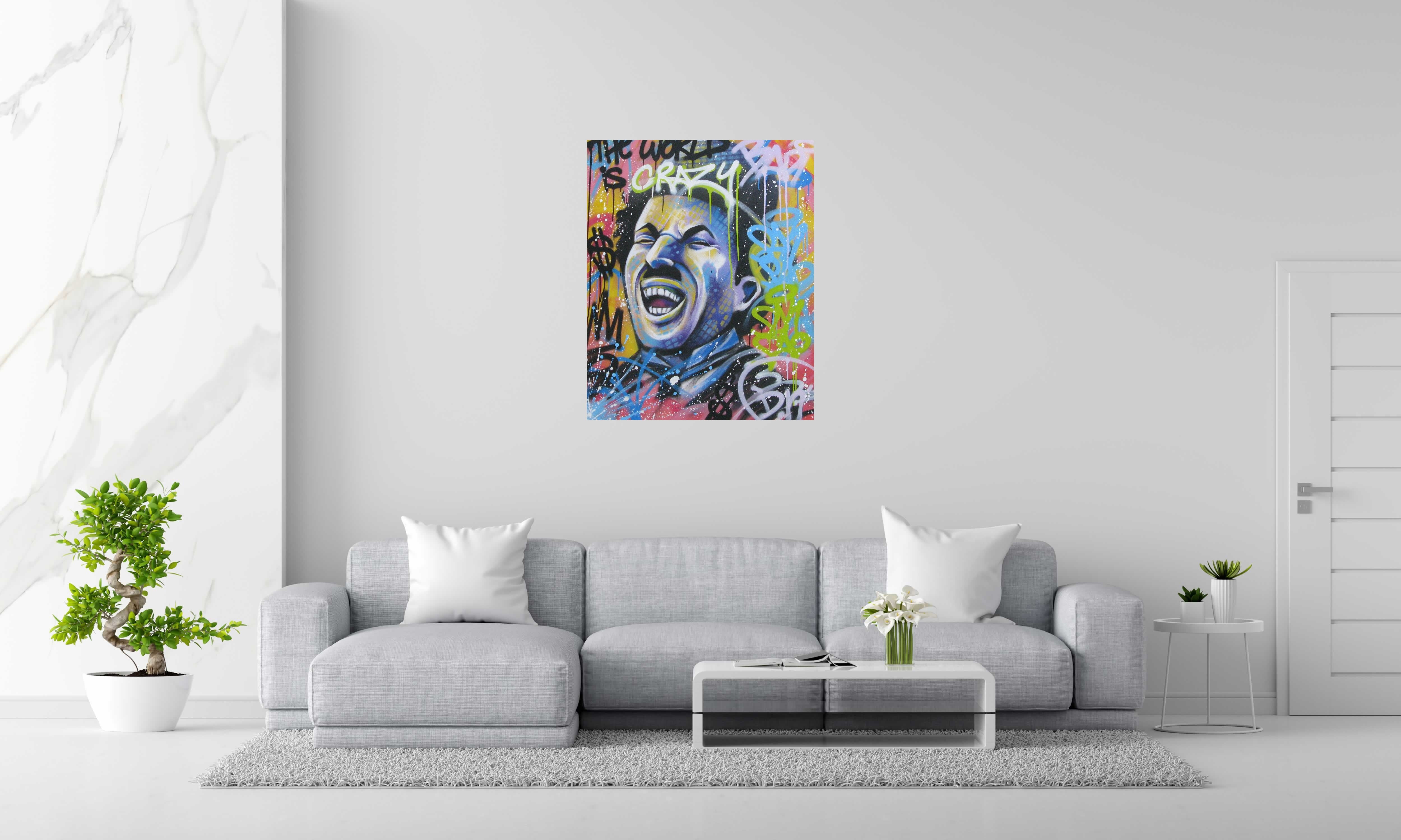 Peinture THE WORLD IS CRAZY de DN dans un intérieur – 100 × 81 cm