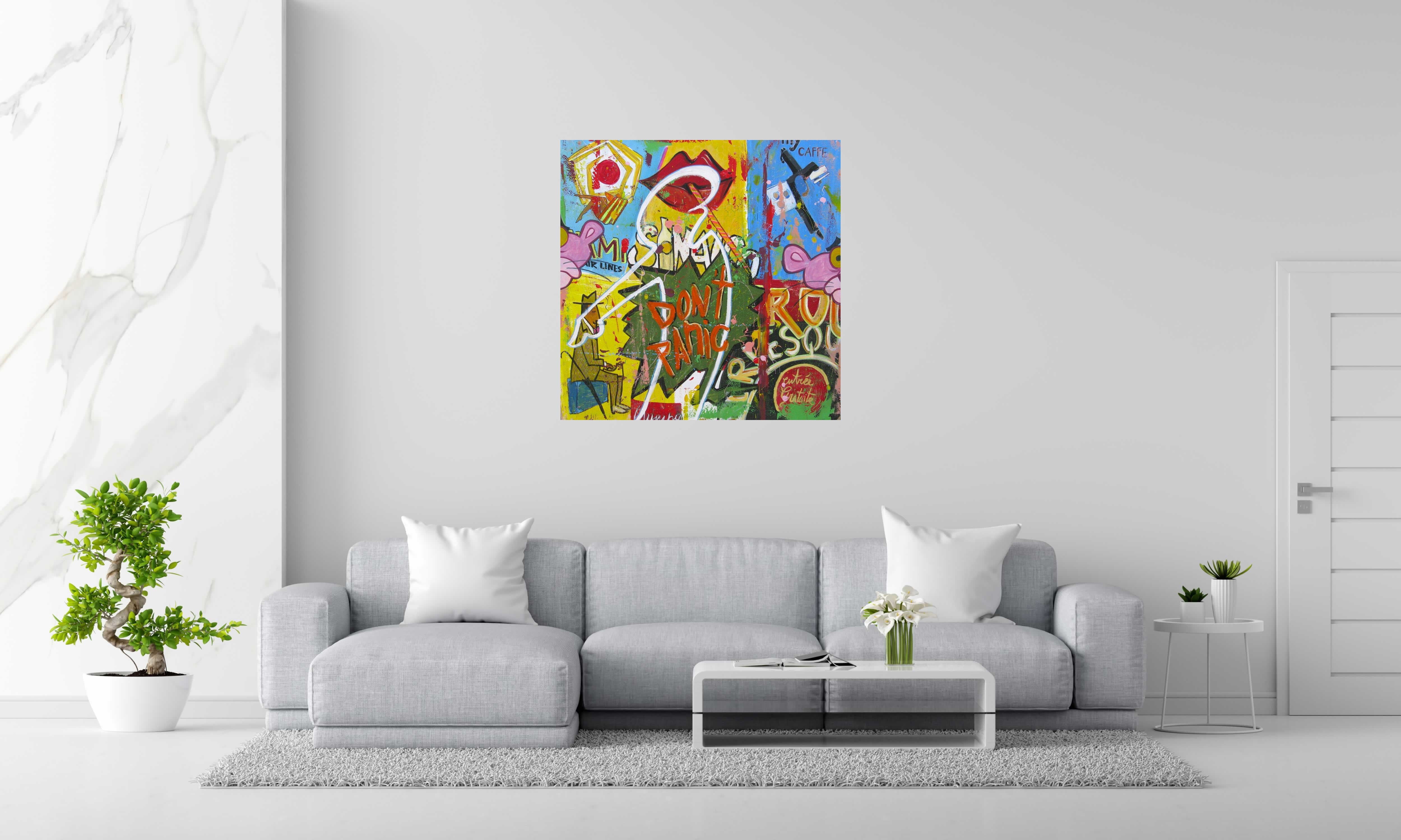 Peinture DON'T PANIC de CACOU dans un intérieur – 100 × 100 cm