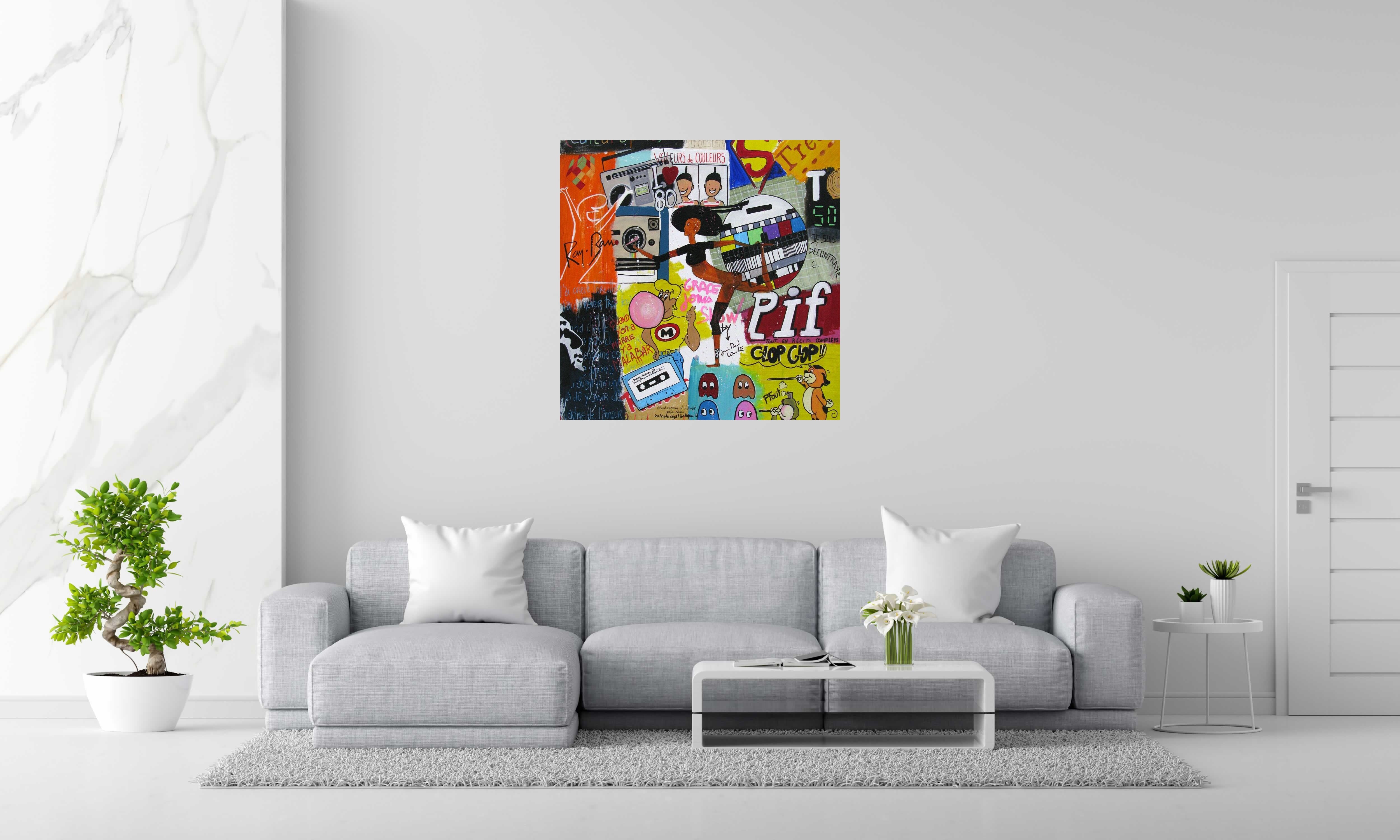 Peinture I love 80 de CACOU dans un intérieur – 100 × 100 cm