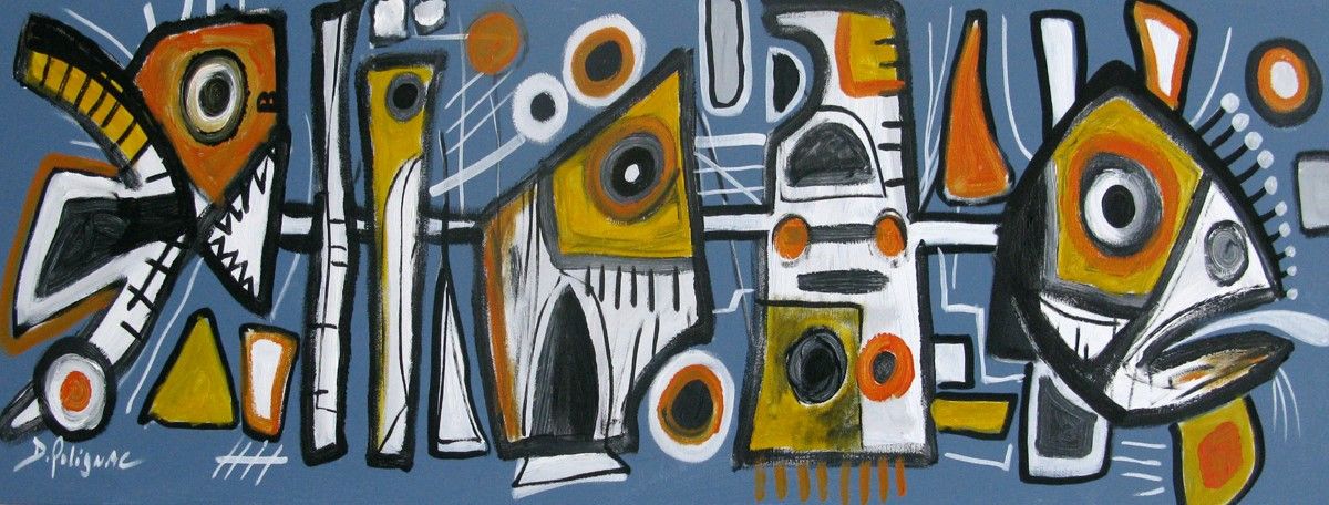 Peinture graphique grande taille bleu et jaune Sardines – Daniel De POLIGNAC – 40 × 120 cm