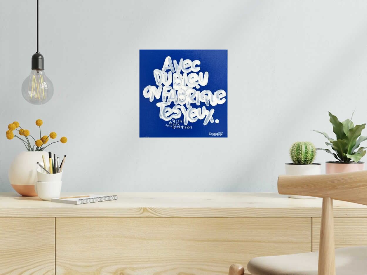 Peinture Tes yeux bleux de L'OISEAU NOIR dans un intérieur – 30 × 30 cm