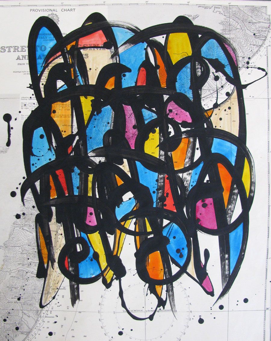 Peinture graphique petit format NO NAME SUR CARTE MARINE  N°42 – STEPHANE RIME – 50 × 40 cm