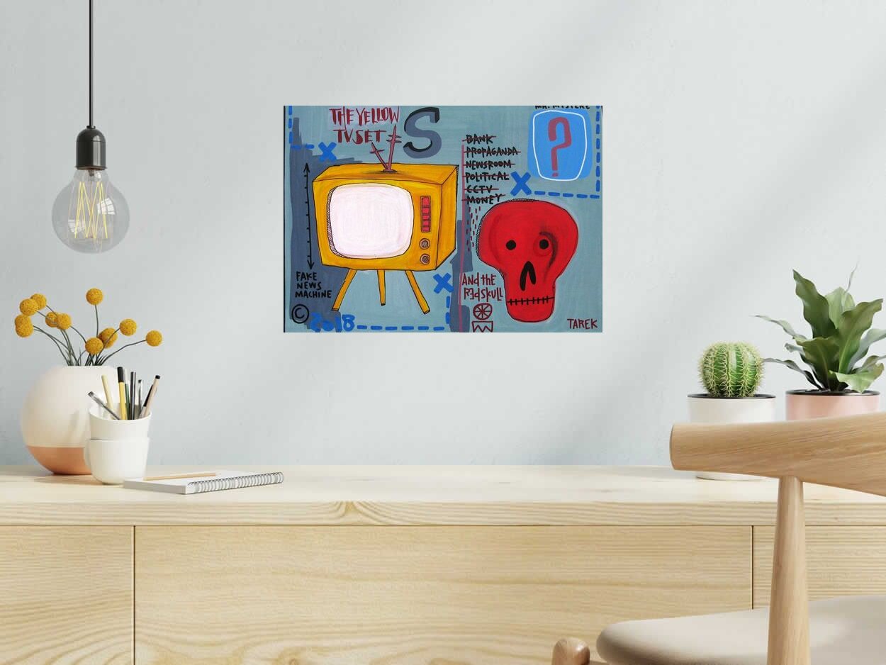 Peinture The Yellow TV Set de TAREK dans un intérieur – 45 × 32 cm