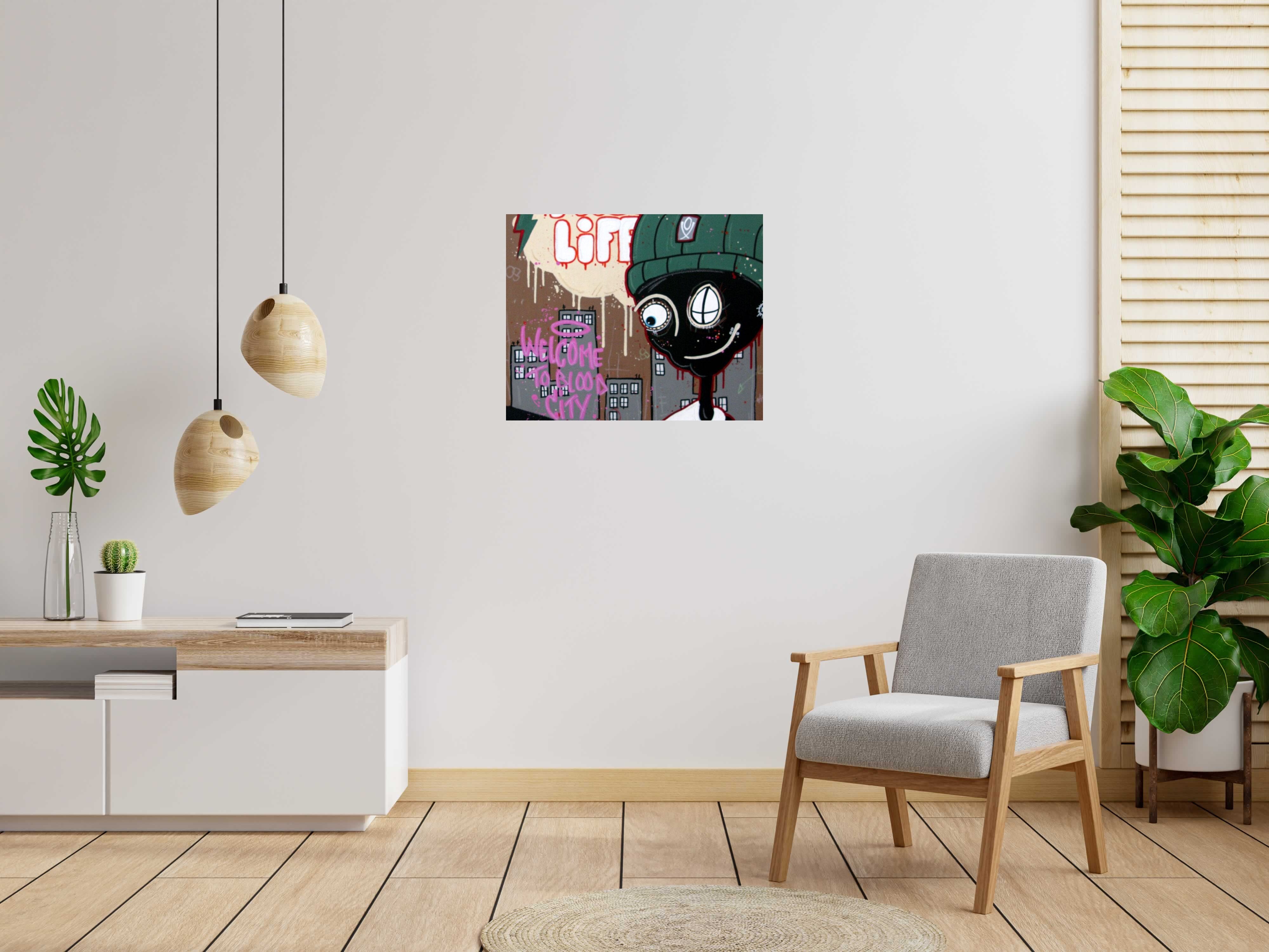 Peinture Welcome to blood city de DIDIER GOMEZ dans un intérieur – 81 × 65 cm