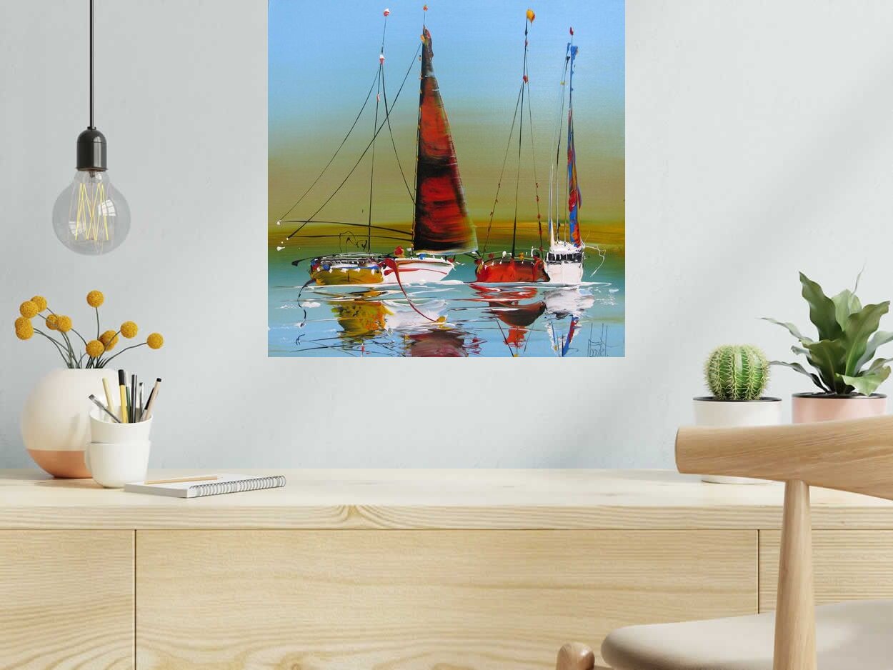Peinture MARINE ABSTRAIT 111 de F. BOUTET dans un intérieur – 50 × 50 cm