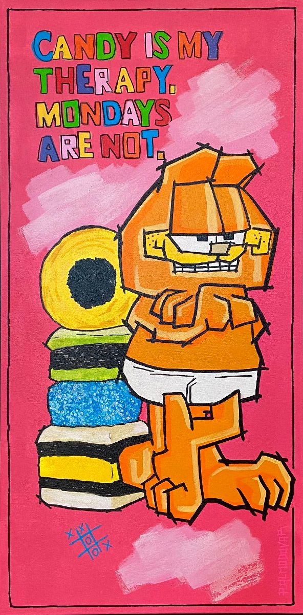 Peinture moyen format orange et rose Garfield – Patrice ALMODOVAR – 50 × 100 cm