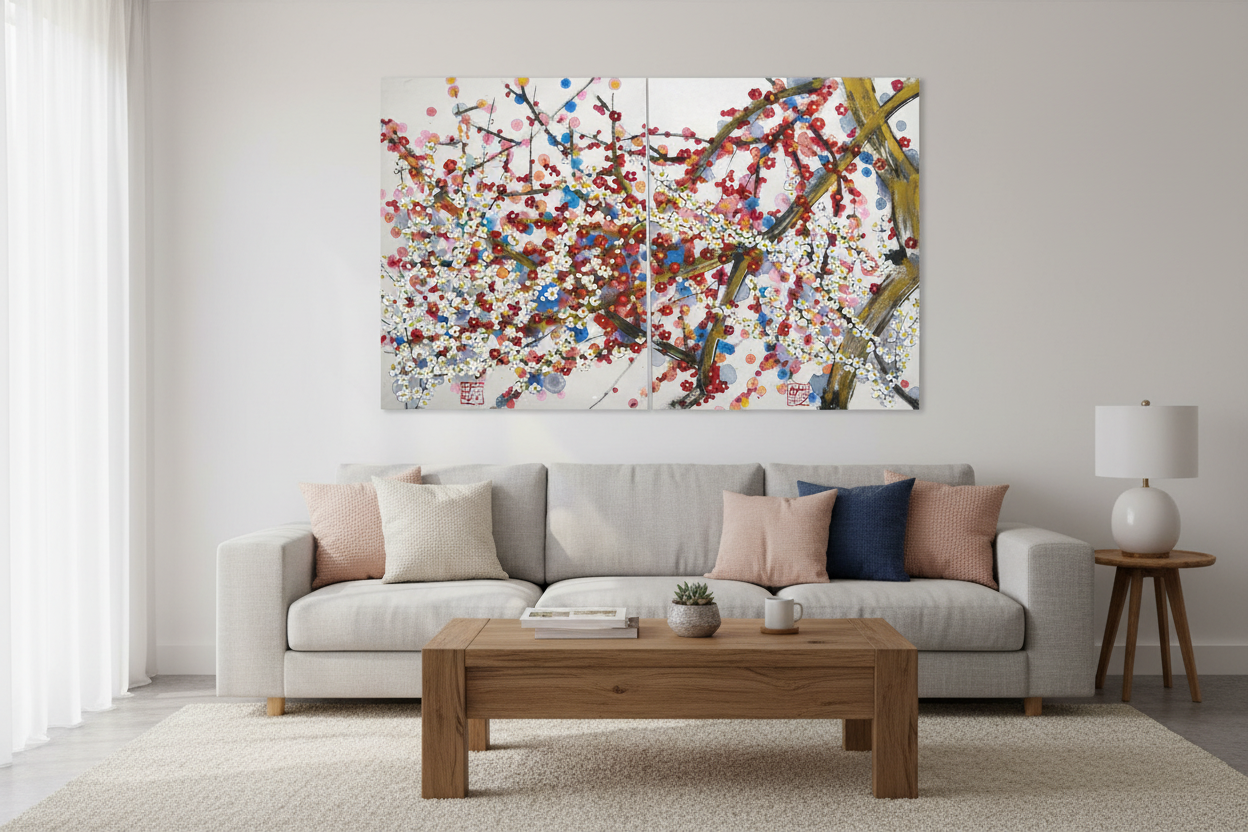 Peinture Joyeux (dyptique) de JEONG MIN LEE dans un intérieur – 120 × 73 cm