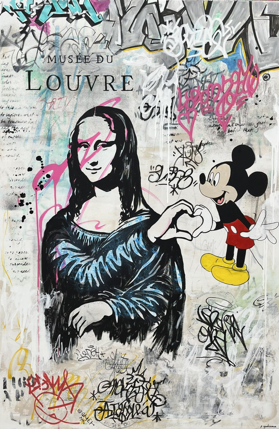 Peinture en technique mixte street art blanc et noir sur toile, Musée du Louvre, Patricia Gadisseur, 100 x 150 cm
