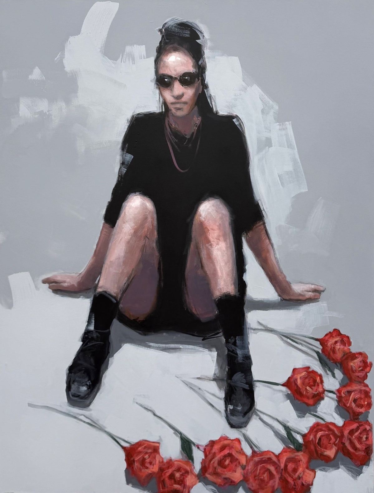 Peinture figurative au format 89 x 116 cm, portrait à l'huile sur toile signé Olivier Massebeuf, tons rouges et gris