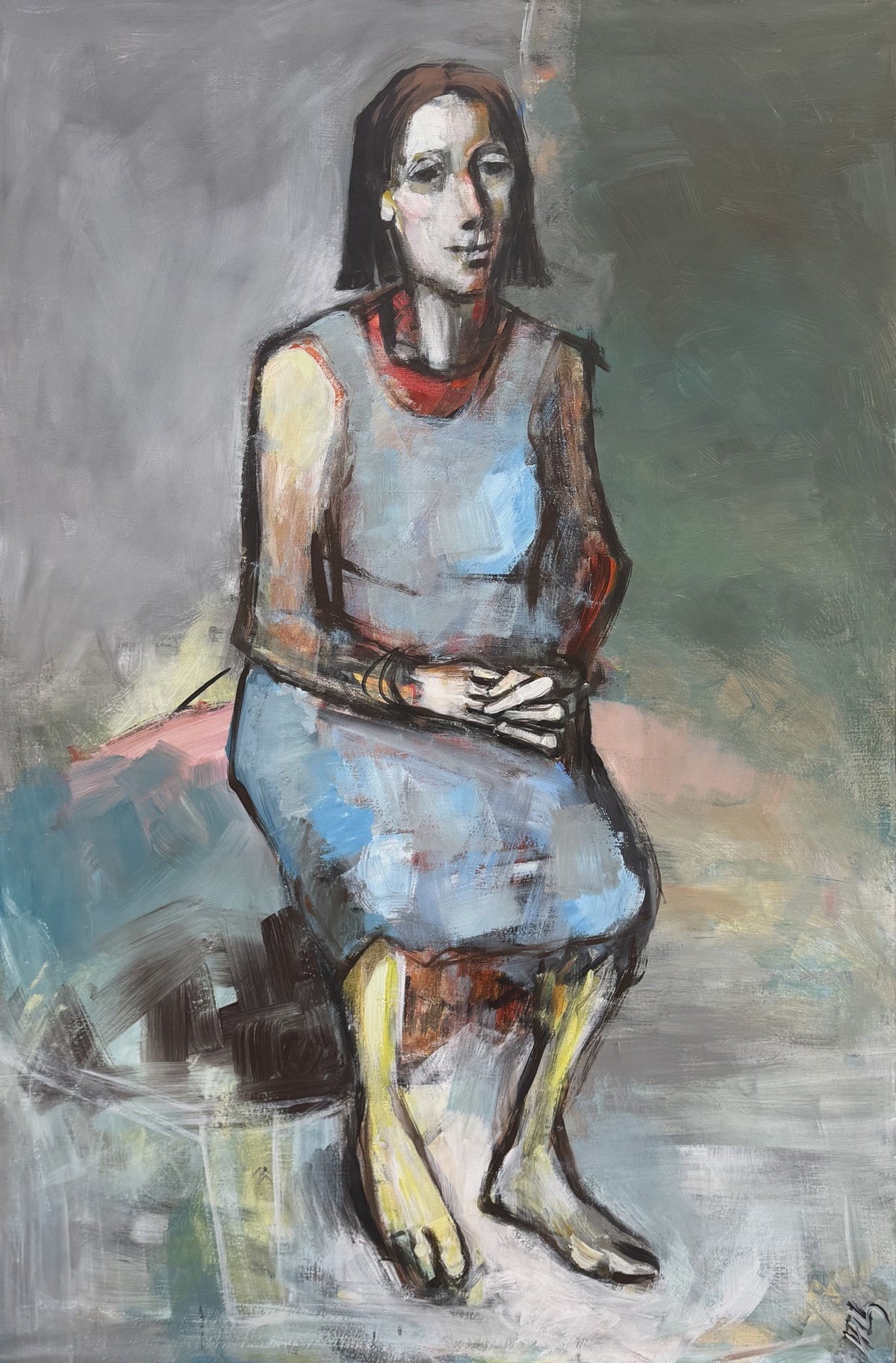 Peinture figurative de portrait en gris, Femme assise par Ivan Tzonev, acrylique sur toile, 95 x 144 cm