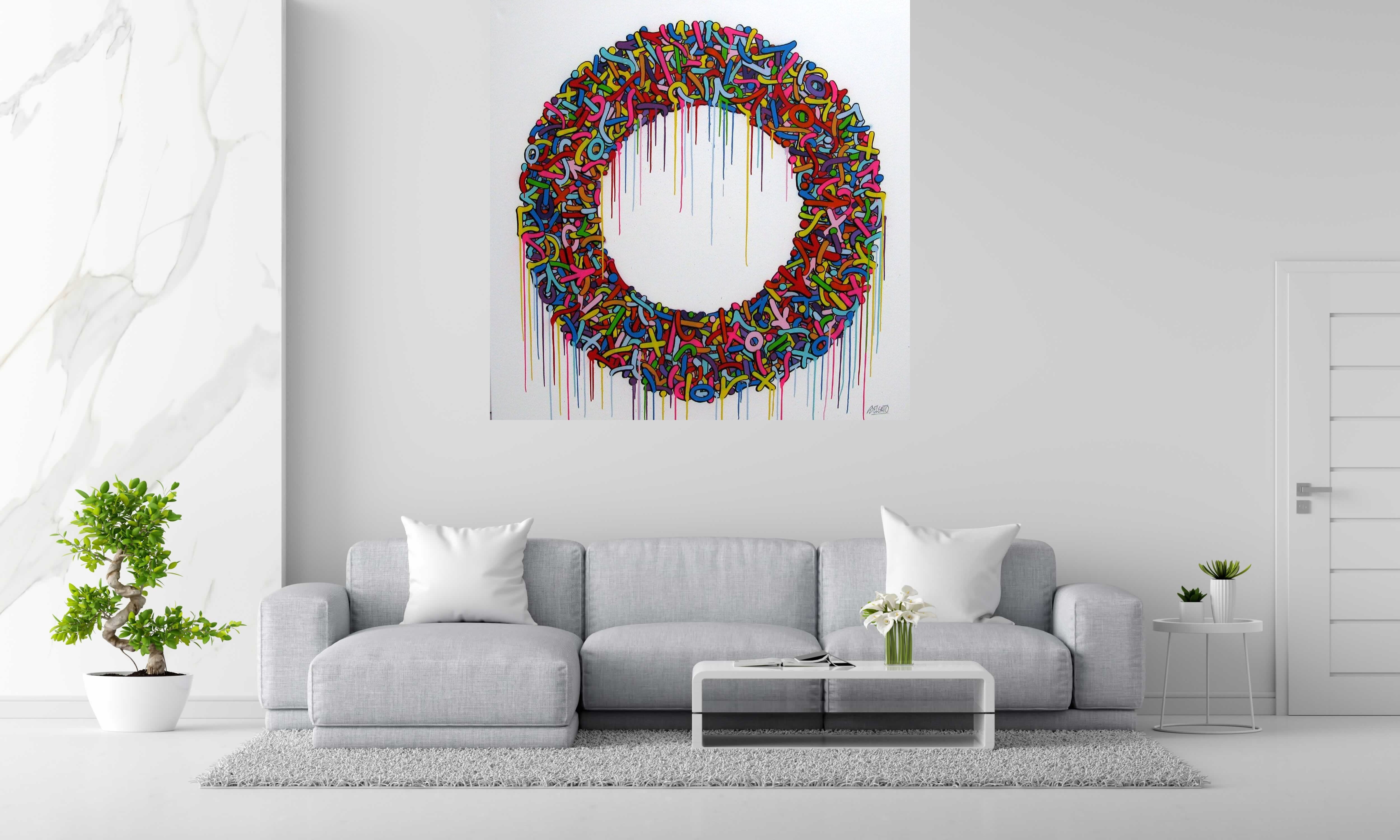 Peinture Mandala de EL GATO S. dans un intérieur – 150 × 150 cm