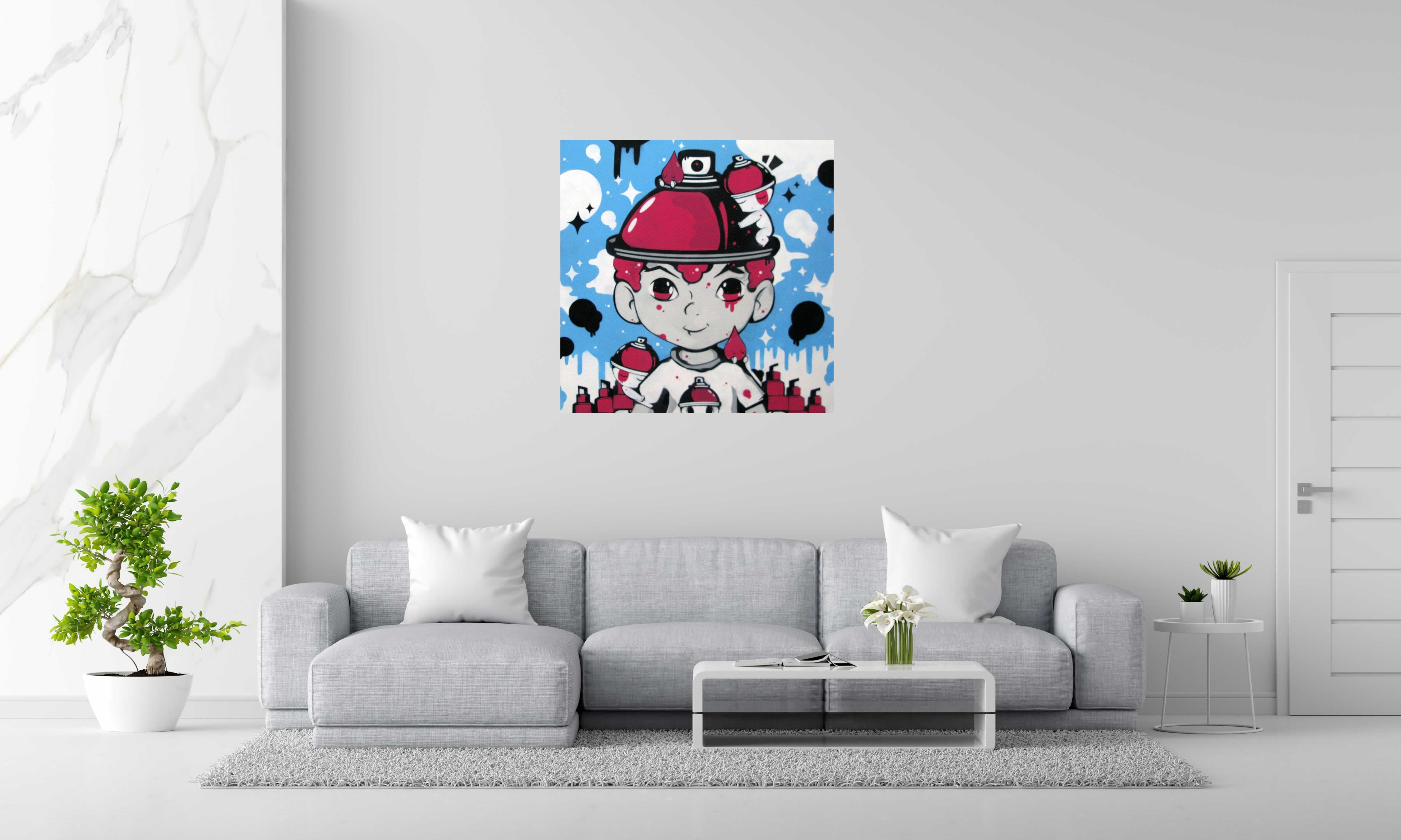 Peinture GRAFFIKID II de JUAN SPRAY dans un intérieur – 100 × 100 cm